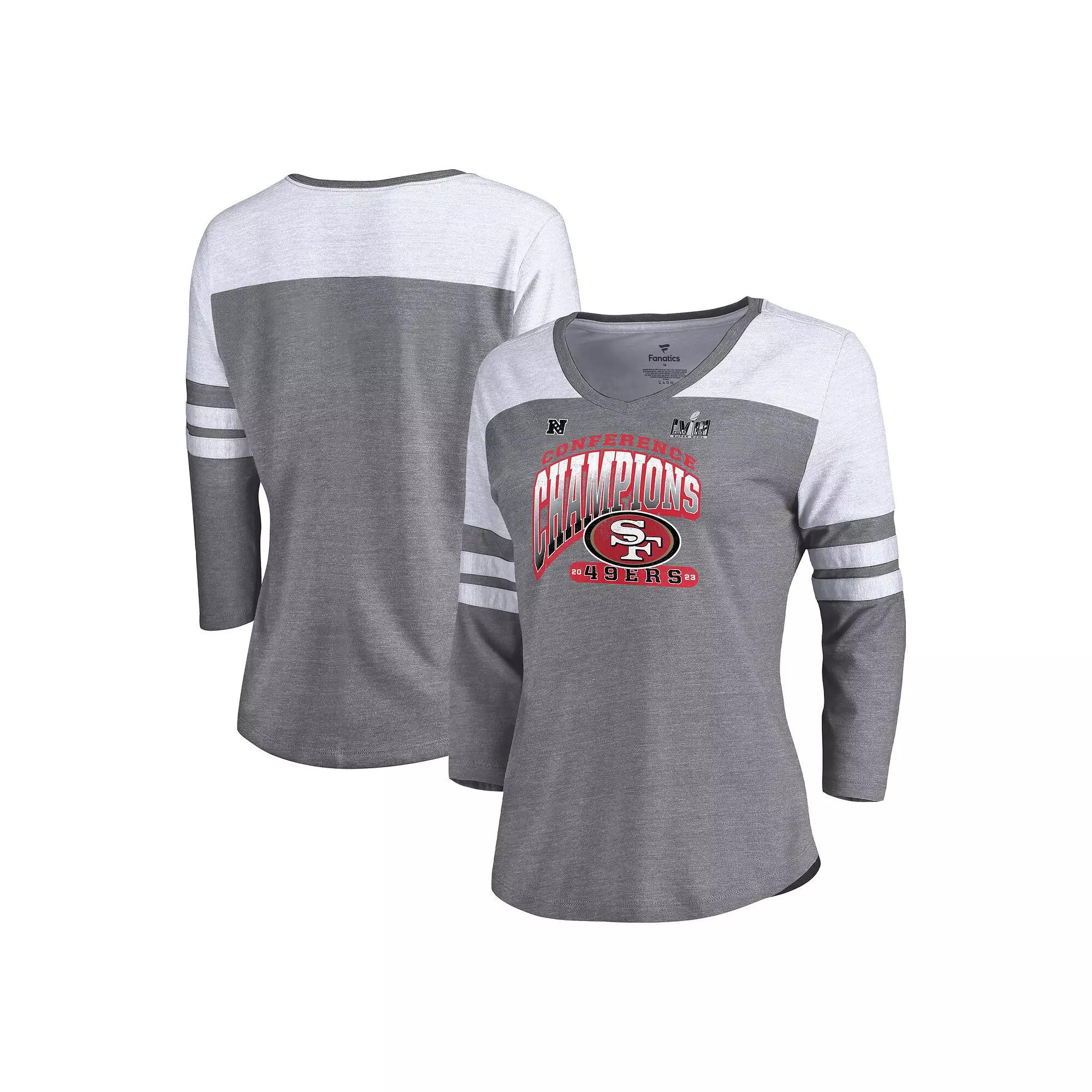 Women's Fanatics Branded  Heather Gray San Francisco 49ers 2023 NFC Champions Hail Mary Tri-Blend 3/4-Sleeve V-Neck T-Shirt, Size: Large, Grey Product Image