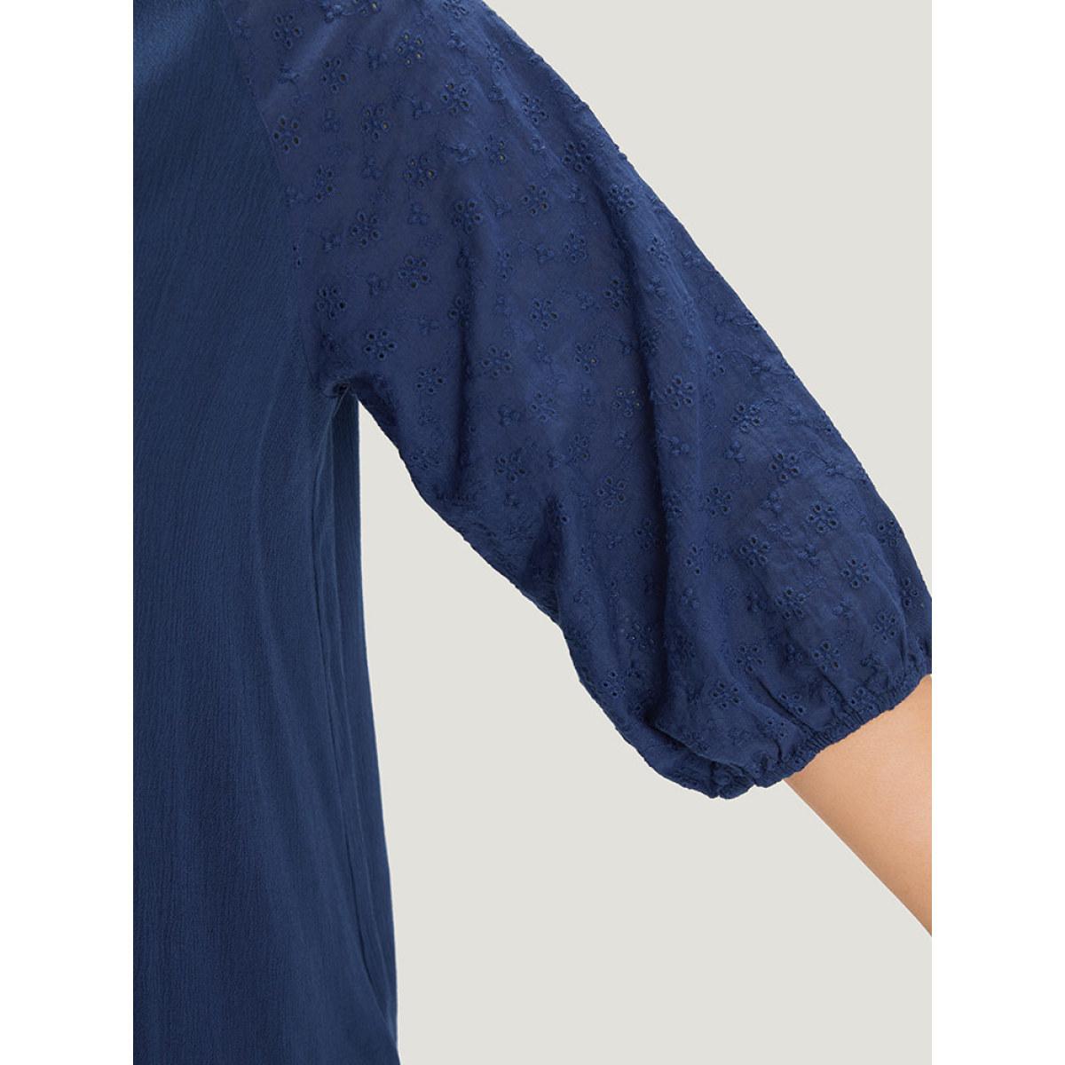 Plus Size Indigo Solid Button Up Patchwork Notched Lantern Sleeve Blouse Women Office Elbow-length sleeve Notched collar Office Blouses BloomChic 12/L Product Image