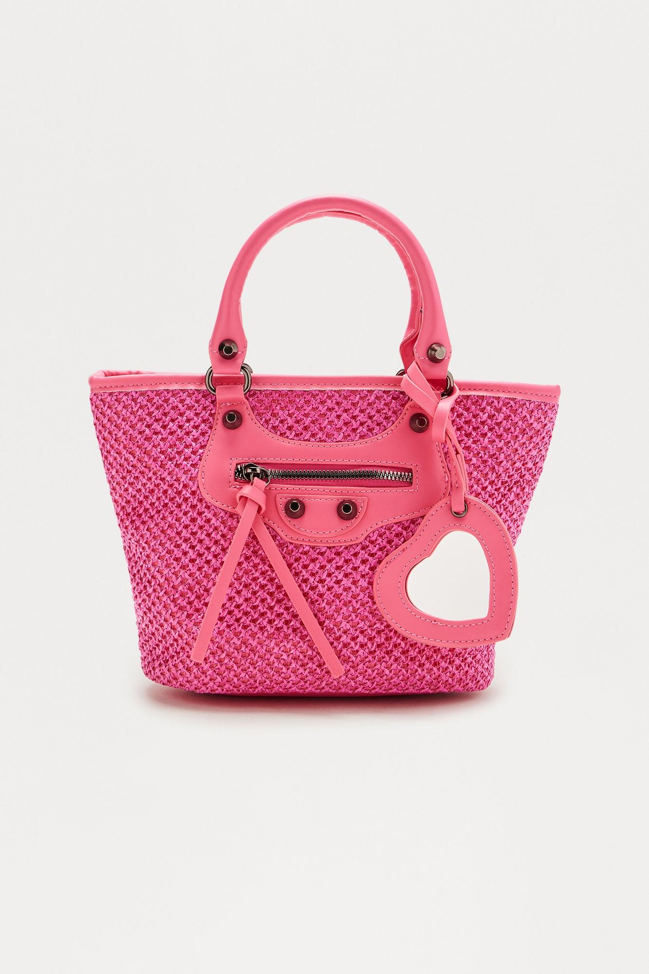 Sandy Heart Satchel Straw Handbag - Pink Product Image
