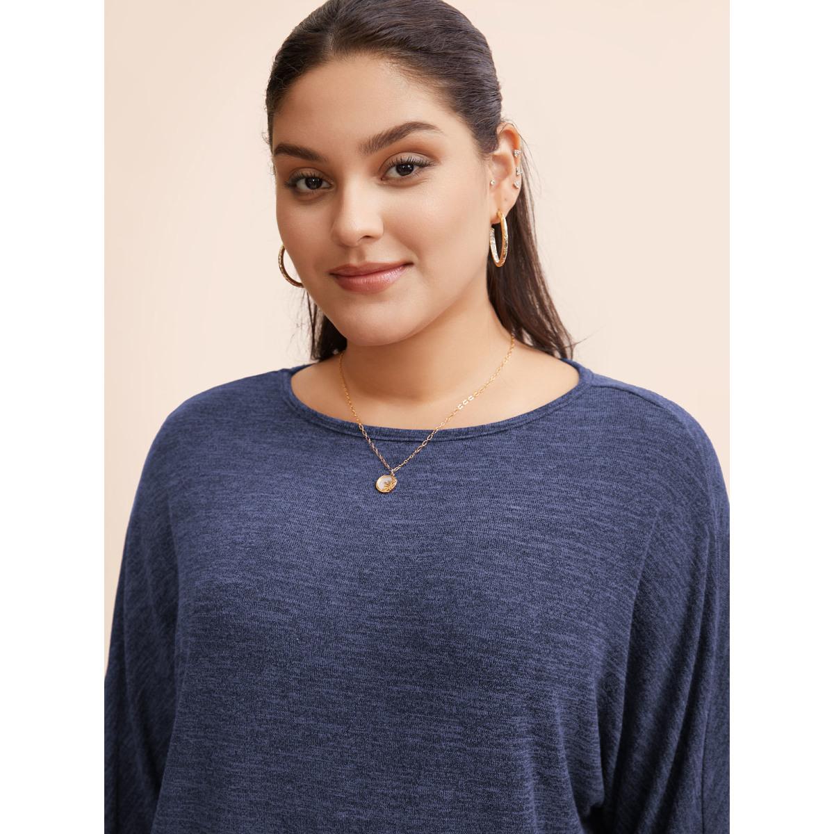 Plus Size Plain Heather Elastic cuffs Dolman Sleeve T-shirt Indigo Women Casual Elastic cuffs Plain Round Neck Everyday T-shirts BloomChic 28/5X Product Image