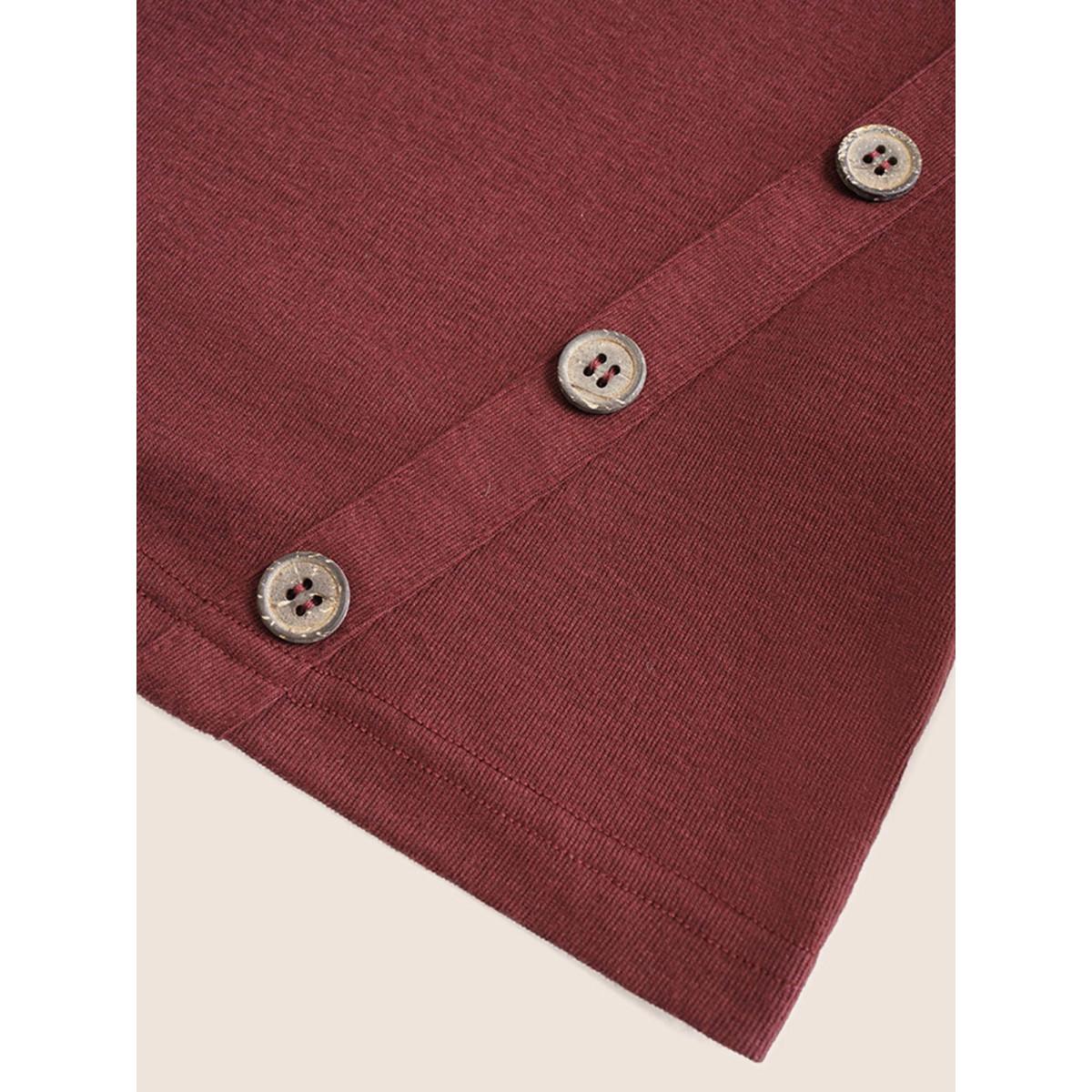 Plus Size Two Tone Patchwork Button Front T-shirt Burgundy Women Casual Contrast Plain Round Neck Dailywear T-shirts BloomChic 28/5X Product Image