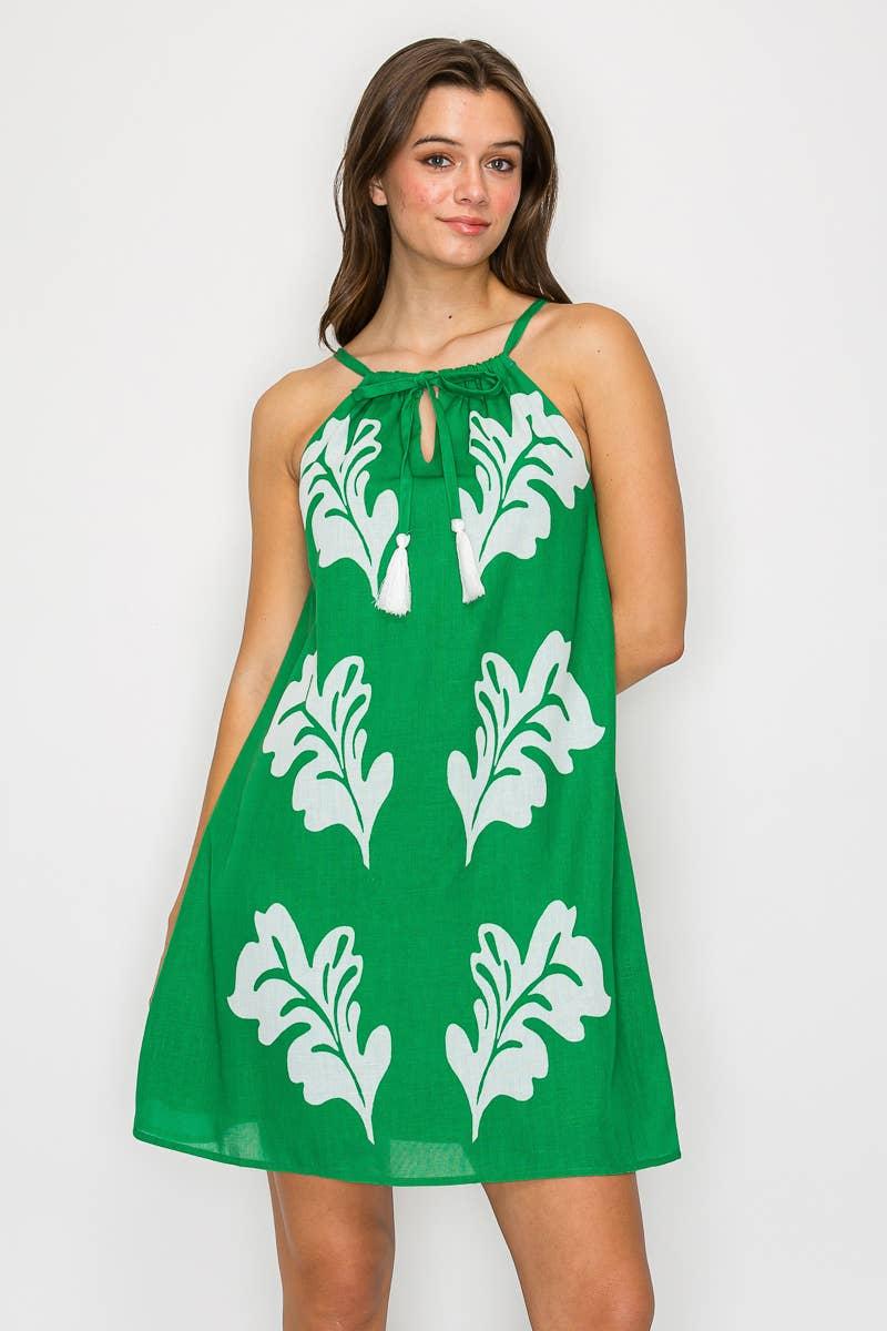 Green Leaves Placement Print Mini Halter Dress Product Image