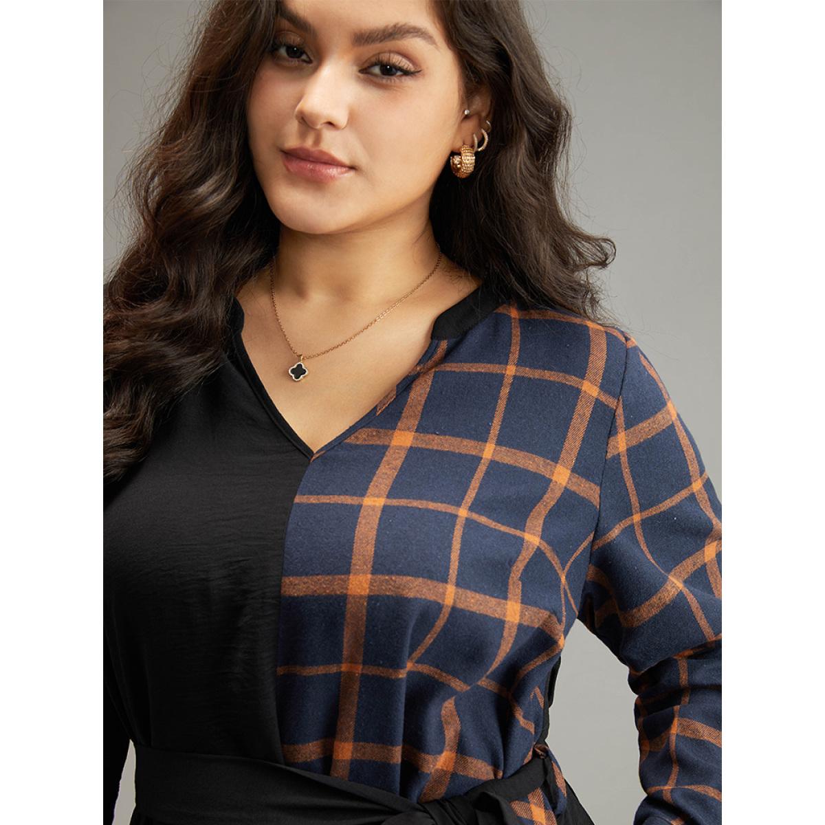 Plus Size Plaid Patchwork Notched Belted Dress Black Women Office Belted Notched collar Long Sleeve Curvy Midi Dress BloomChic 18-20/2X Product Image
