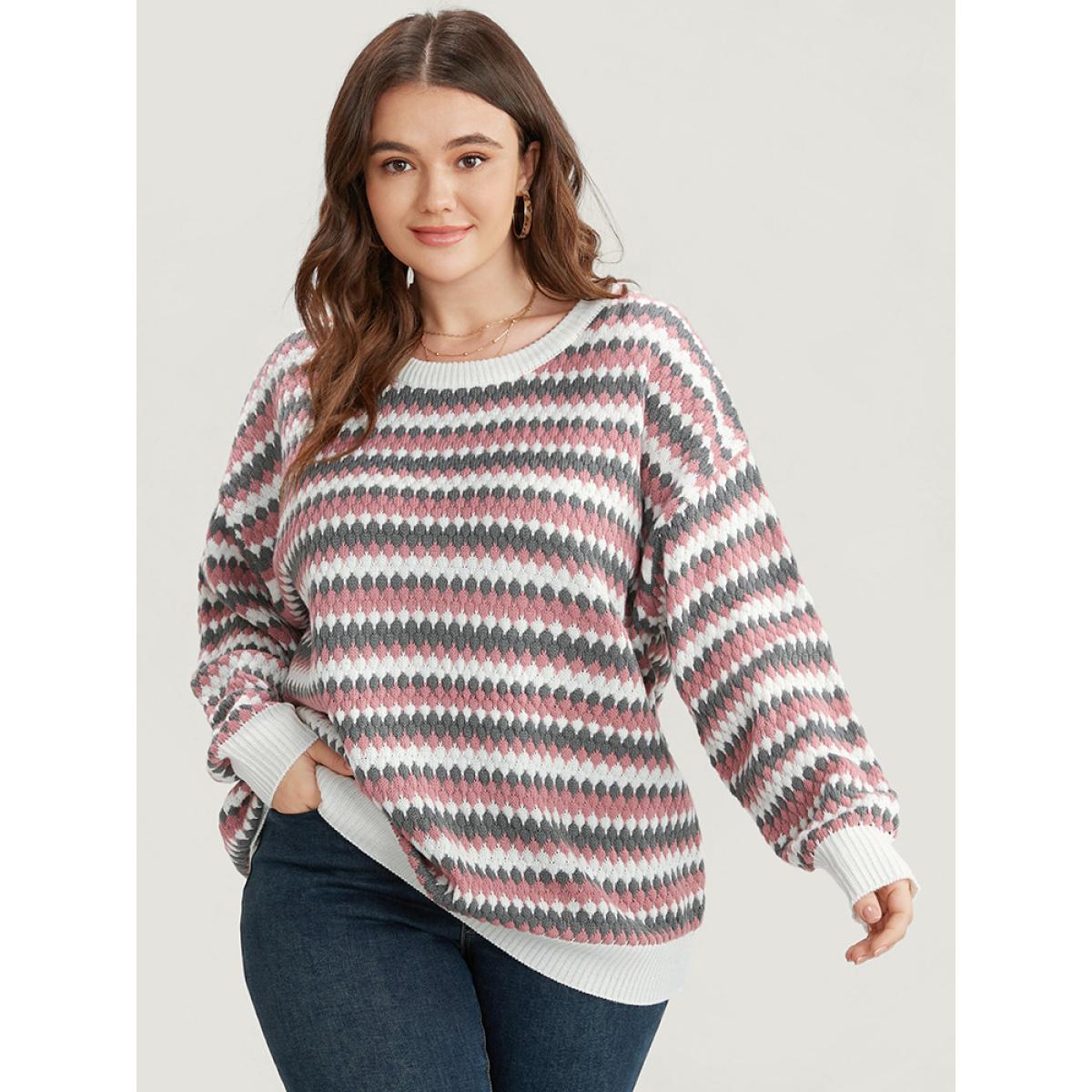 Plus Size Striped Contrast Pointelle Knit Round Neck Loose Knit Top Multicolor Women Casual Loose Long Sleeve Round Neck Dailywear Pullovers BloomChic 14-16/1X Product Image