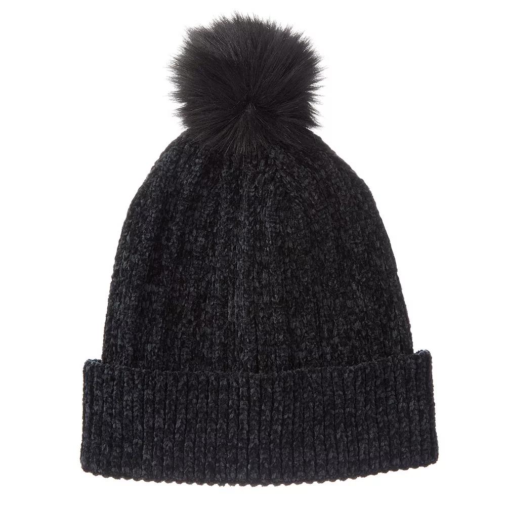 Women's isotoner Chenille Cuff Beanie Hat with Faux Fur Pom, Black Product Image