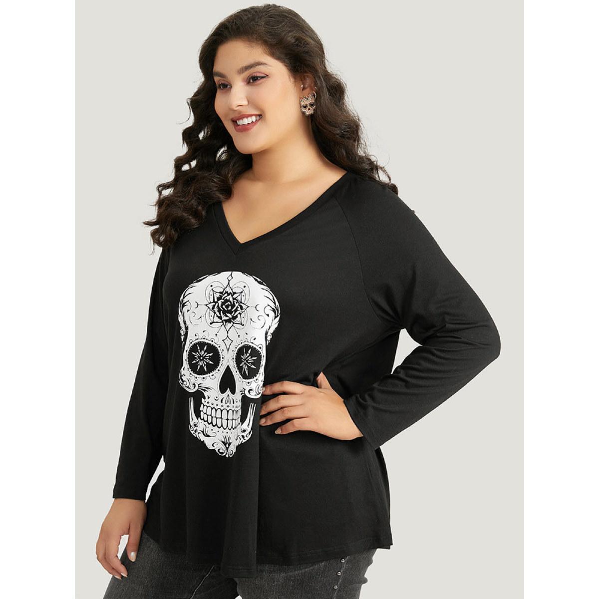Plus Size Halloween Skull Print Long Sleeve T-shirt Black Women Casual Printed Halloween Festival-Halloween T-shirts BloomChic 18-20/2X Product Image