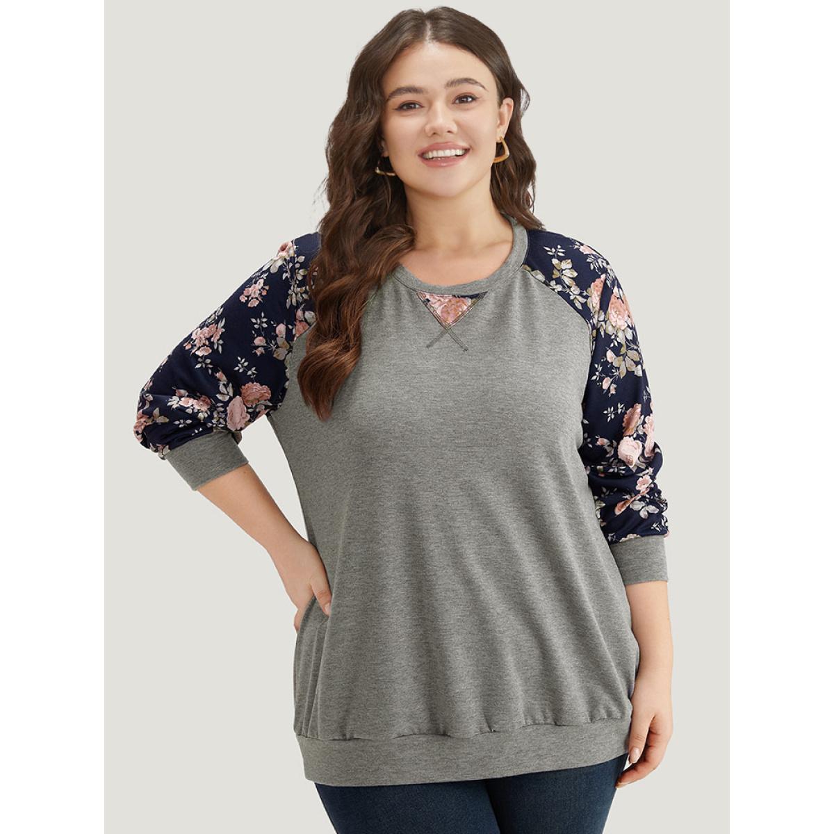 Plus Size Floral Patchwork Raglan Sleeve Sweatshirt Women Gray Elegant Contrast Round Neck Everyday Sweatshirts BloomChic 28/5X Product Image