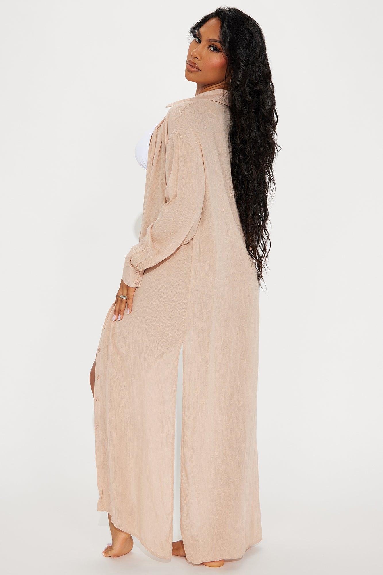 Breezy Nights Linen Swim Cover Up Kimono - Taupe Product Image