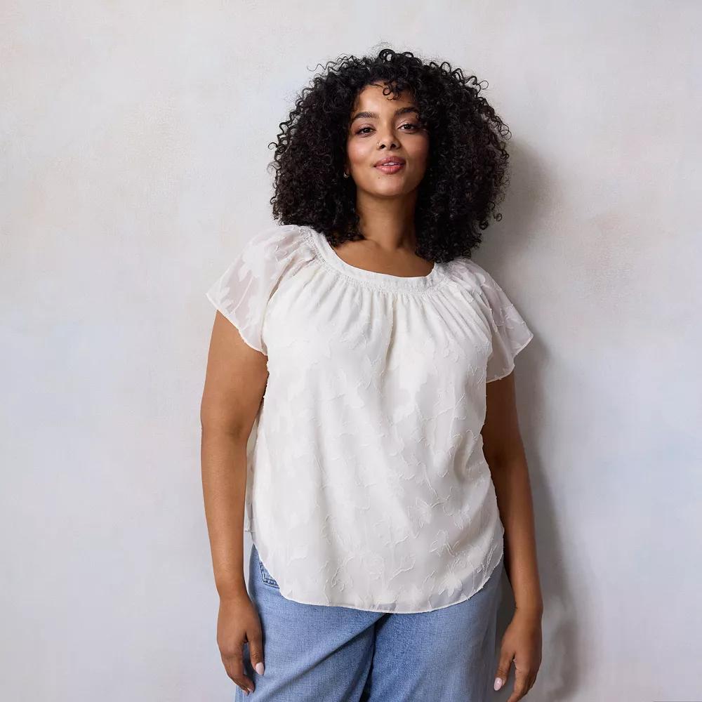 Plus Size LC Lauren Conrad Tie-Front Shirred Neck Top, Women's, Size: 1XL, Ivory Silk Product Image