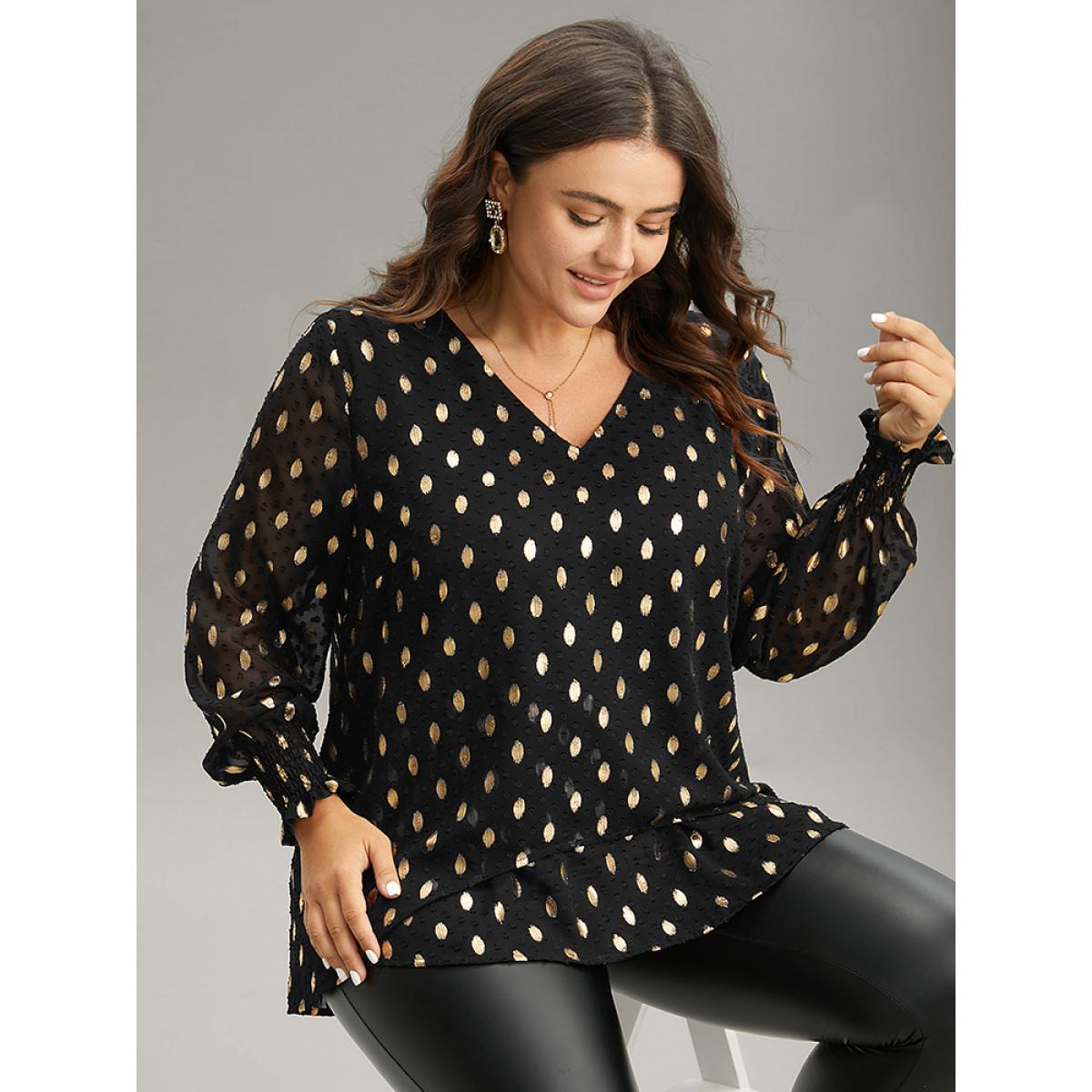 Plus Size Black Glitter Polka Dot Textured Shirred Tiered Blouse Women Glamour Long Sleeve V-neck Party Blouses BloomChic 14-16/1X Product Image