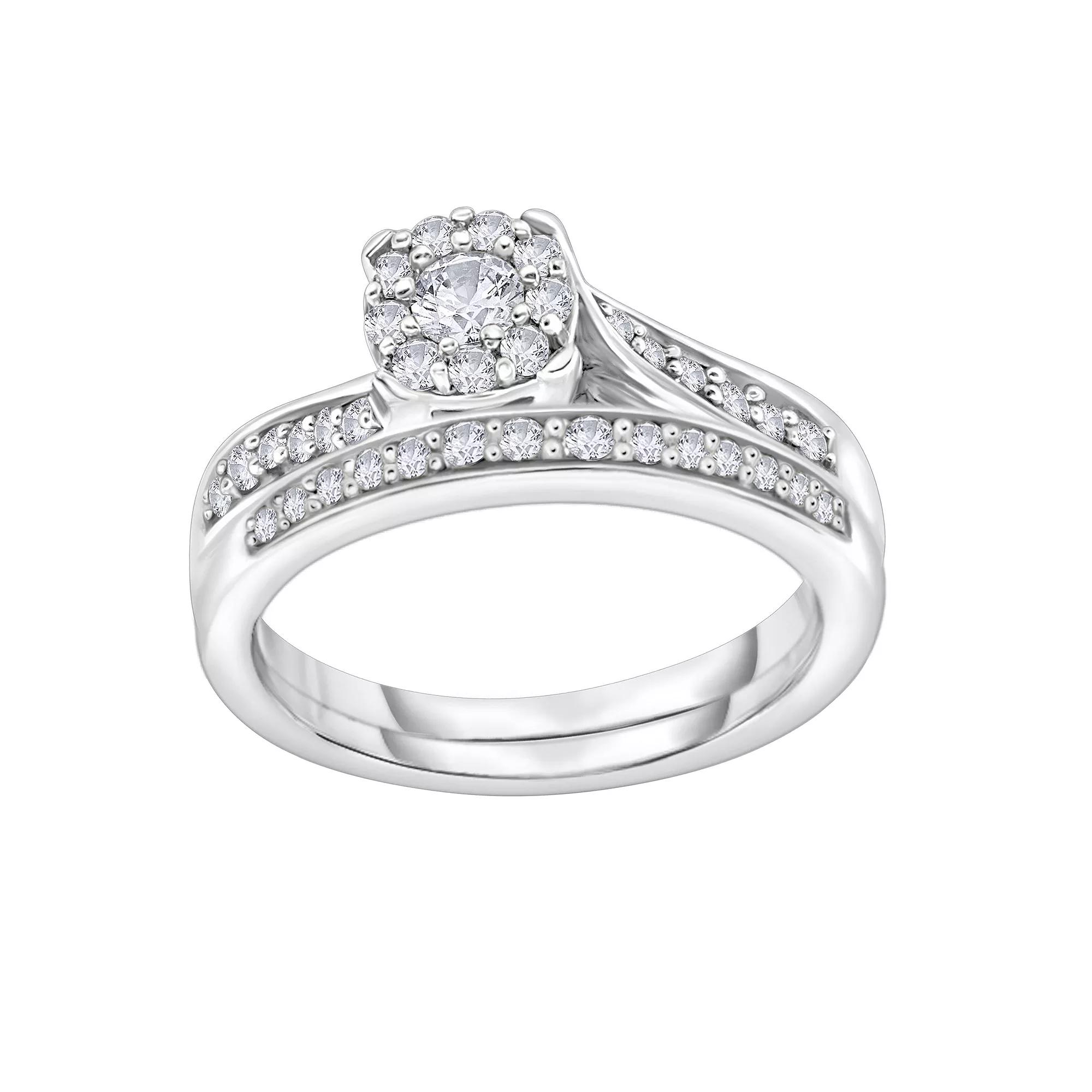 14k White Gold 3/8 Carat T.W. Diamond Cluster Bypass Engagement Ring Set, Women's, Size: 7 Product Image