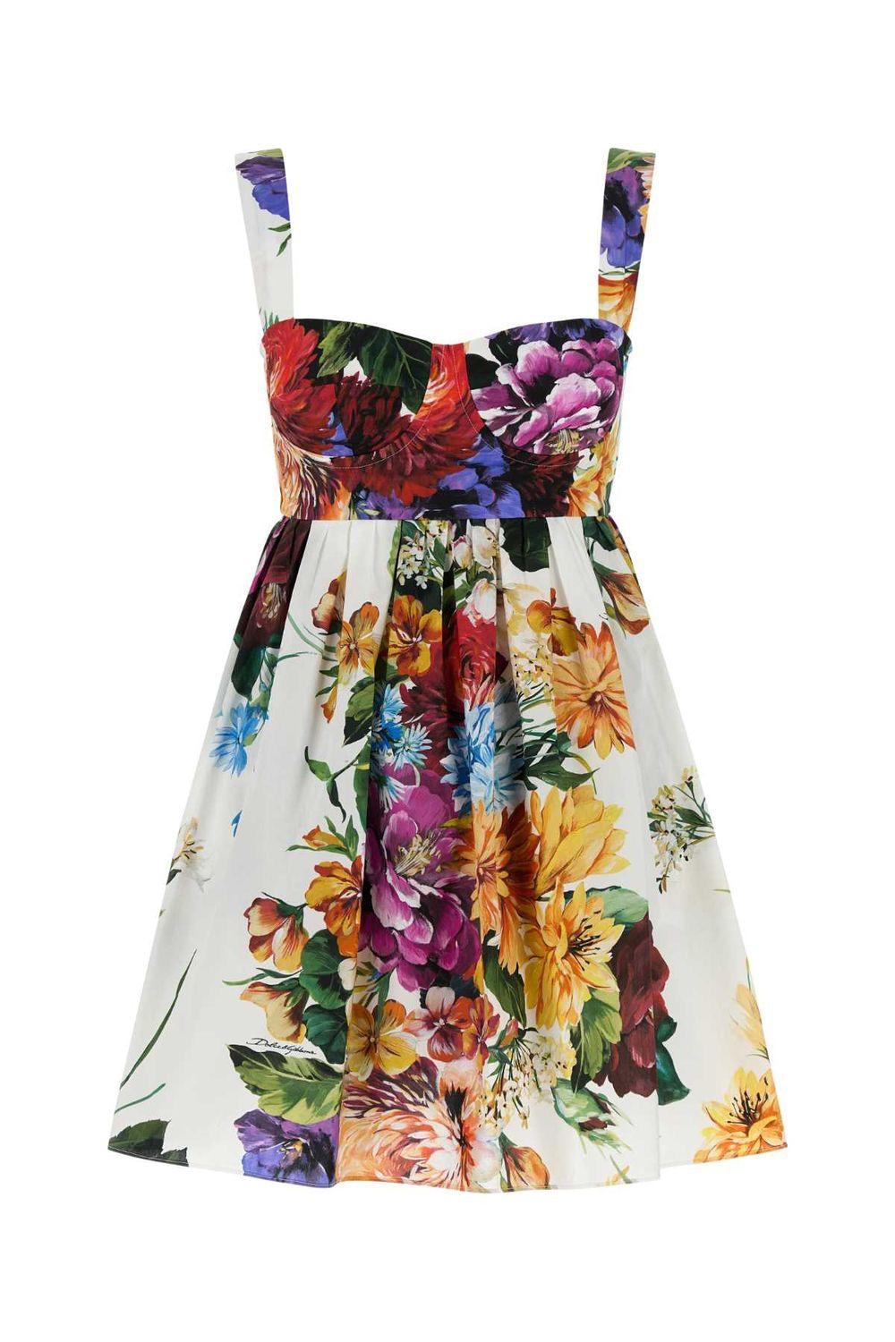 DOLCE & GABBANA Multicolor Sleeveless Dress With Bustier Style Neckline And All-over Floral Print In Cotton Woman Product Image