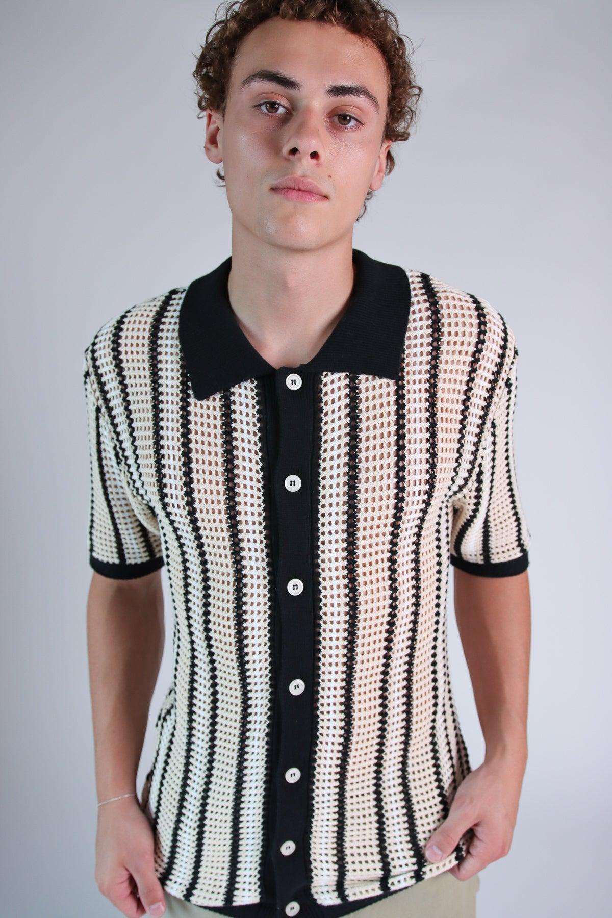 Striped Knit Mesh Button Up Shirt Product Image