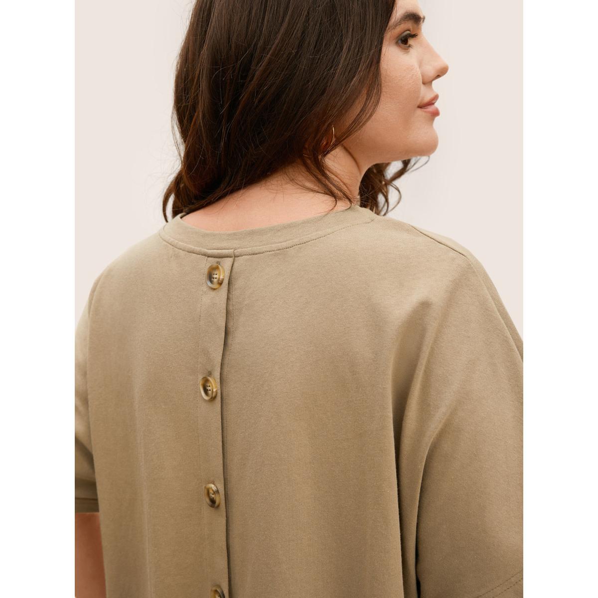 Plus Size Cotton Back Button Detail Dolman Sleeve T-shirt LightBrown Women Casual Button Round Neck Everyday T-shirts BloomChic 22-24/3X Product Image