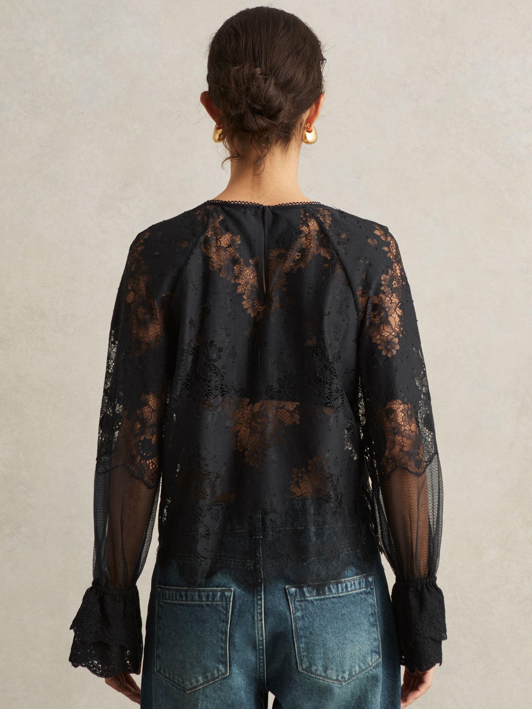 Lace Flared-Cuff Blouse in Navy Product Image