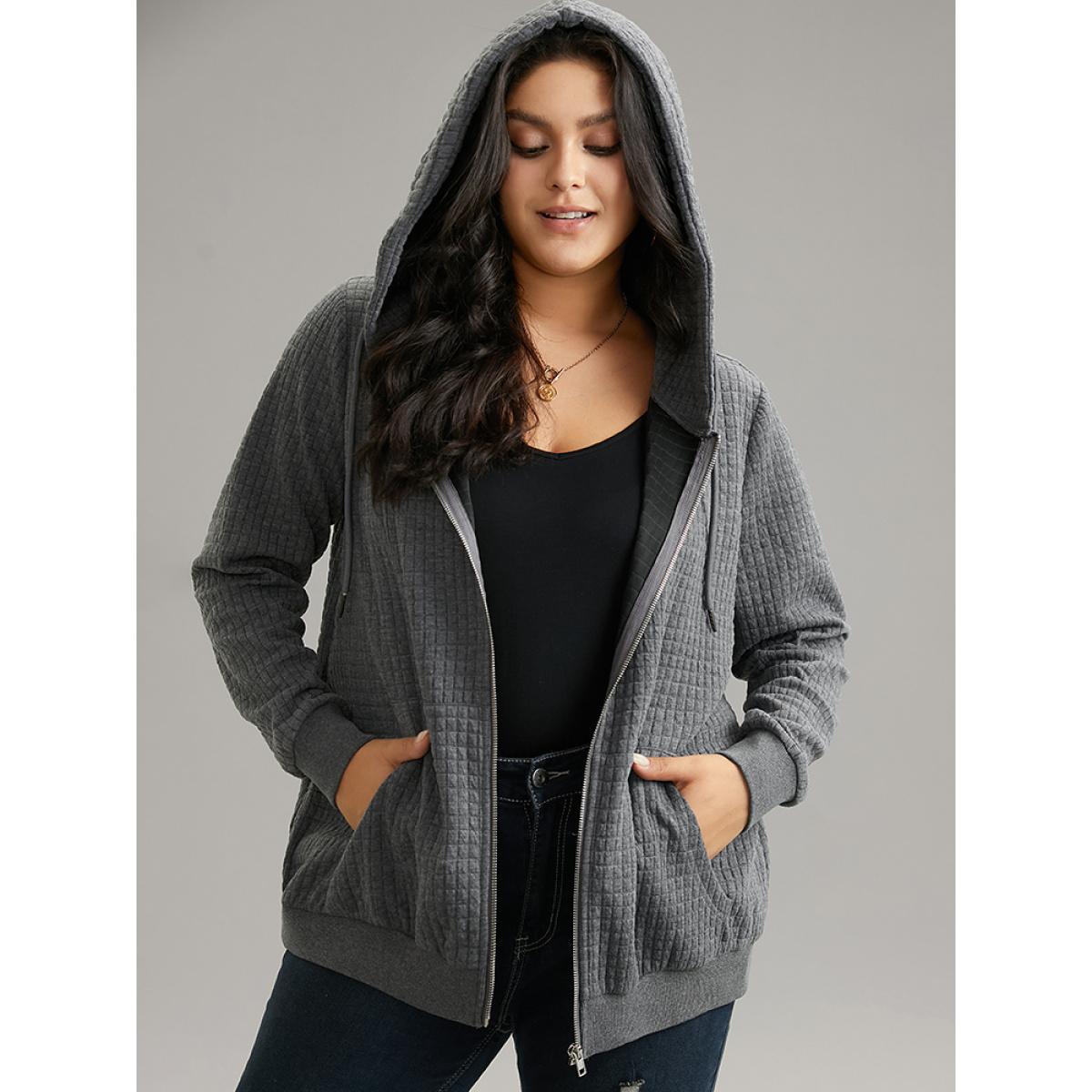 Plus Size Plain Zipper Drawstring Jacquard Jacket Women Gray Plain Pocket Everyday Jackets BloomChic 12/L Product Image