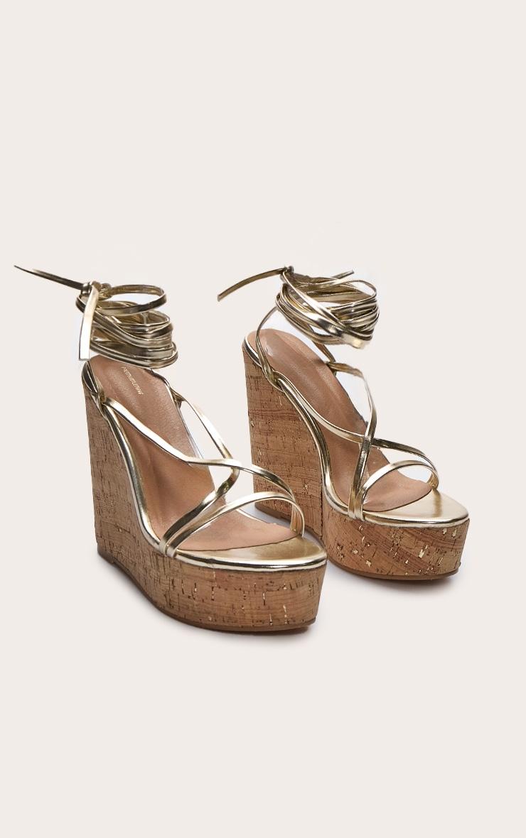 Gold Wide Fit Pu Strappy Lace Up High Heel Cork Wedges Product Image