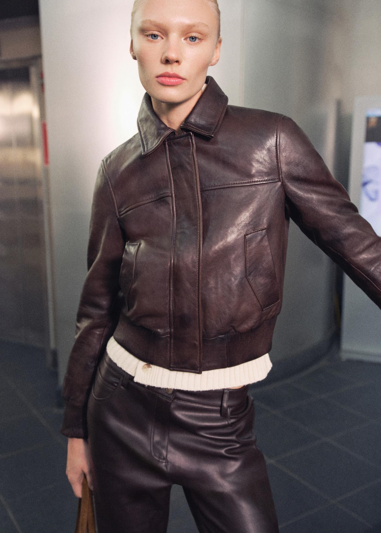 Leather bomber jacket - Women | MANGO USA Product Image
