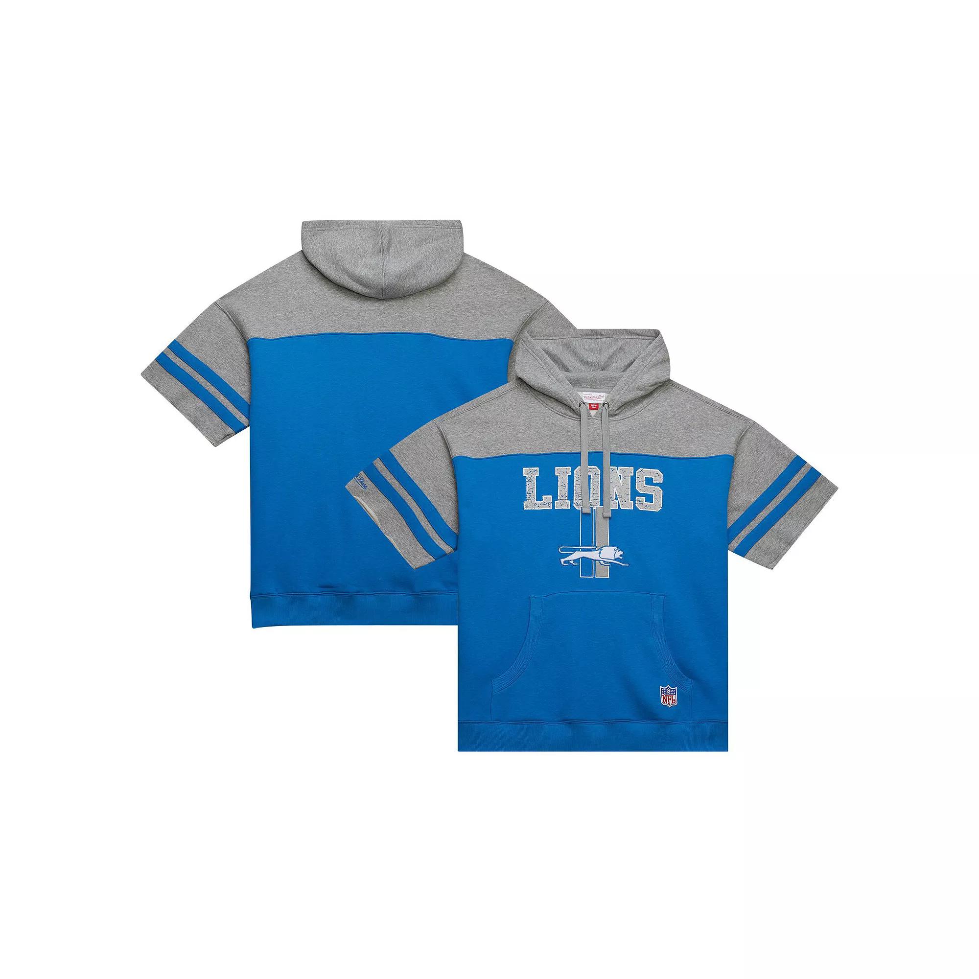 Men's Mitchell & Ness Blue Detroit Lions Off Field Vintage Logo Short Sleeve Pullover Hoodie,  Product Image