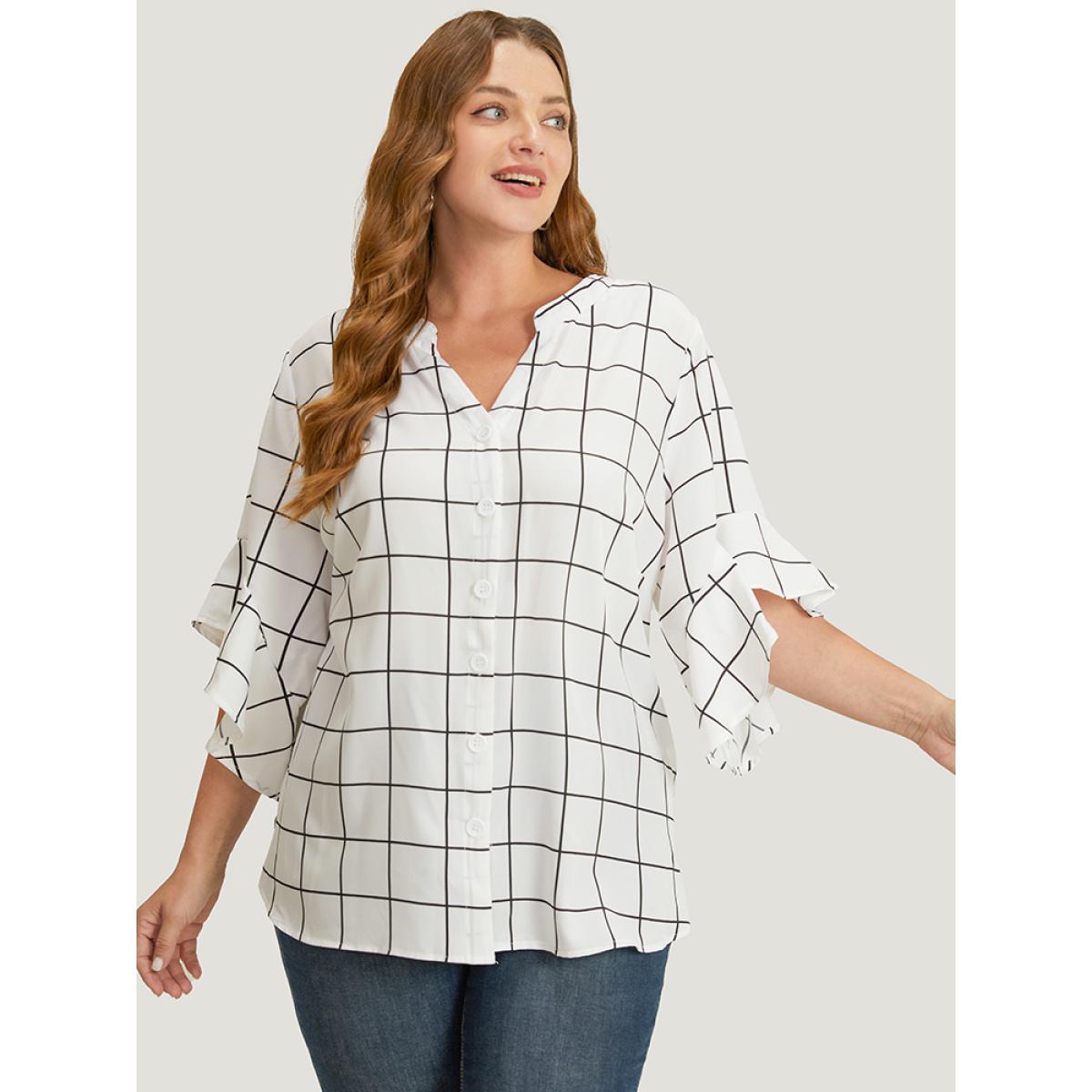 Plus Size White Plaid Notched Button Up Ruffle Sleeve Split Hem Blouse Women Office Elbow-length sleeve Notched collar Office Blouses BloomChic 28/5X Product Image