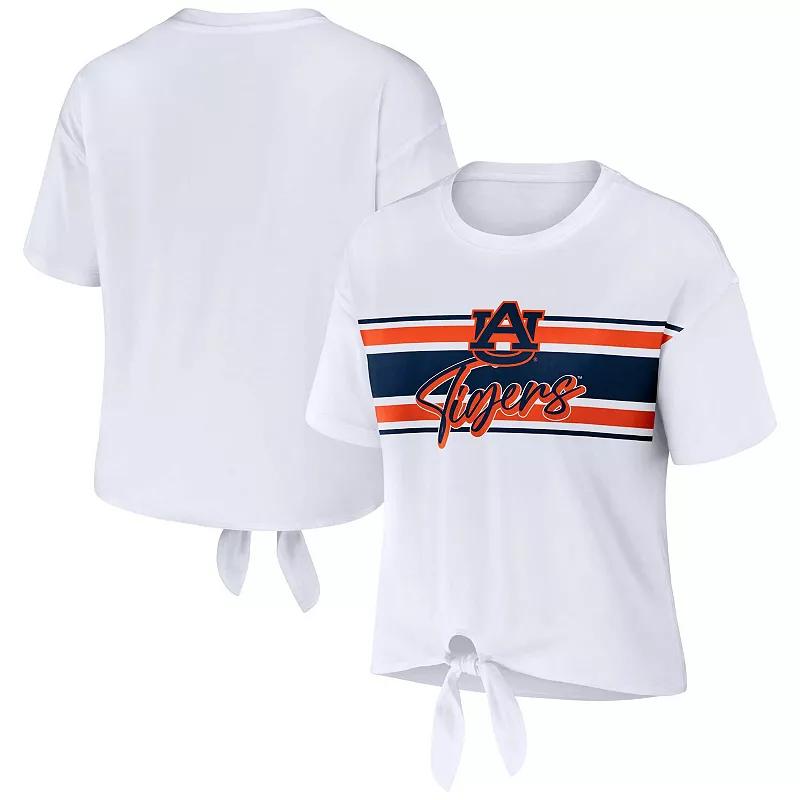 Women's WEAR by Erin Andrews White Auburn Tigers Striped Front Knot Cropped T-Shirt,  Product Image