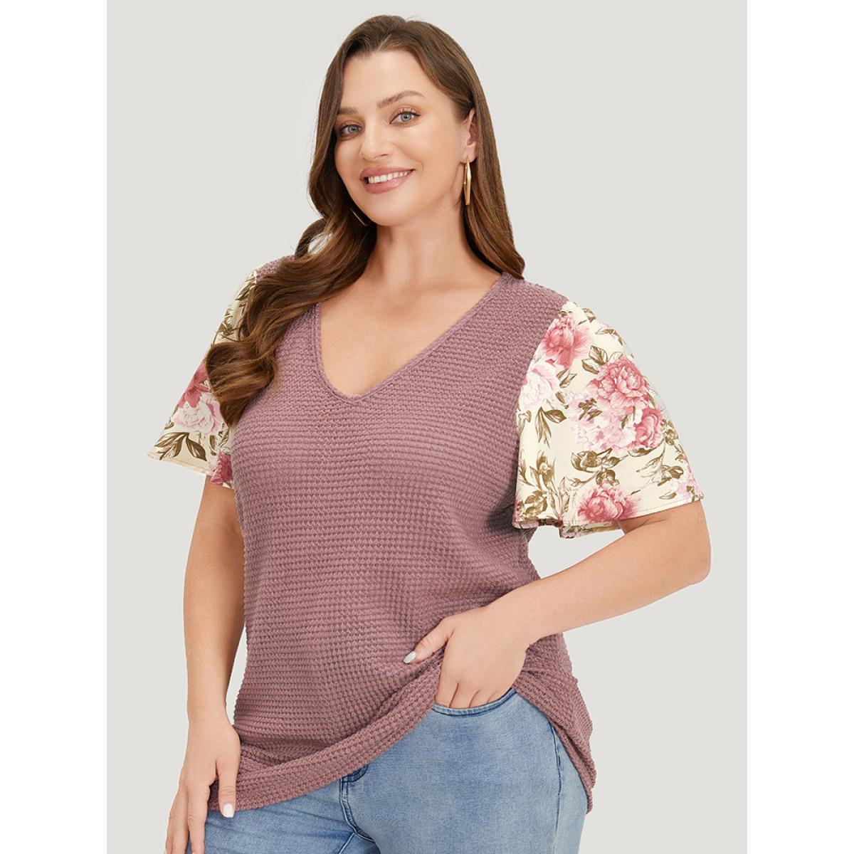 Plus Size Waffle Knit Pacthwork Flutter Sleeve T-shirt DustyPink Women Elegant Patchwork Floral V-neck Dailywear T-shirts BloomChic 10/M Product Image
