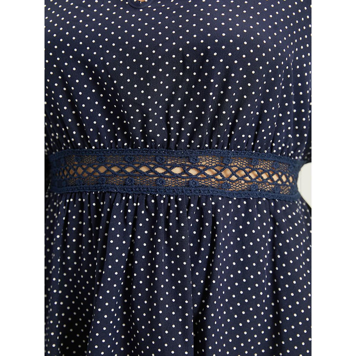 Plus Size Polka Dot Keyhole Lace Panel Dress Indigo Women Office Elastic cuffs Keyhole Cut-Out Long Sleeve Curvy Knee Dress BloomChic 14-16/1X Product Image