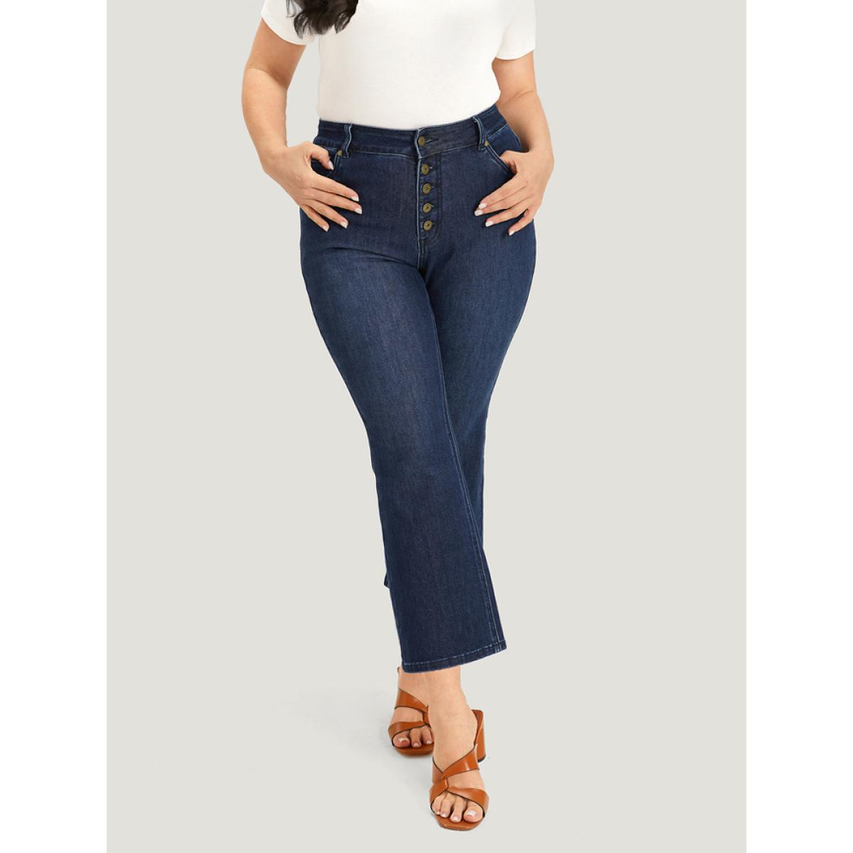 Plus Size Plain Button Fly High Rise Bootcut Jeans Women DarkBlue Casual Plain Plain Medium stretch Pocket Jeans BloomChic 14/1X Product Image