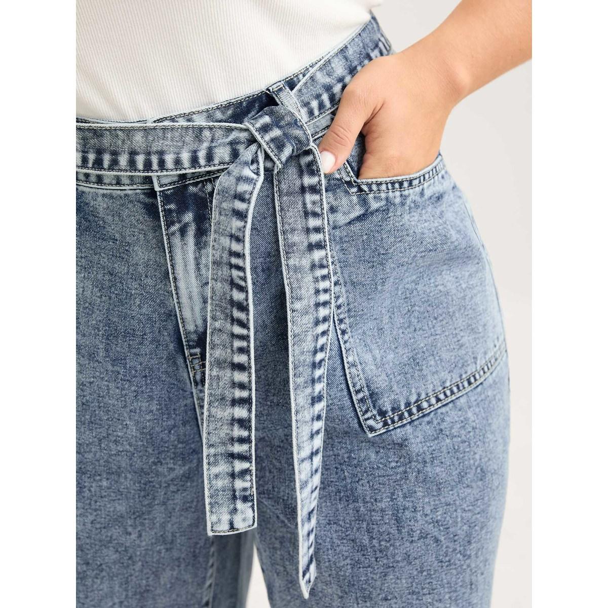 Plus Size Waist Belted Pockets Boyfriend Jeans Women Midblue Leisure Low stretch Slanted pocket Jeans BloomChic 30/6X Product Image