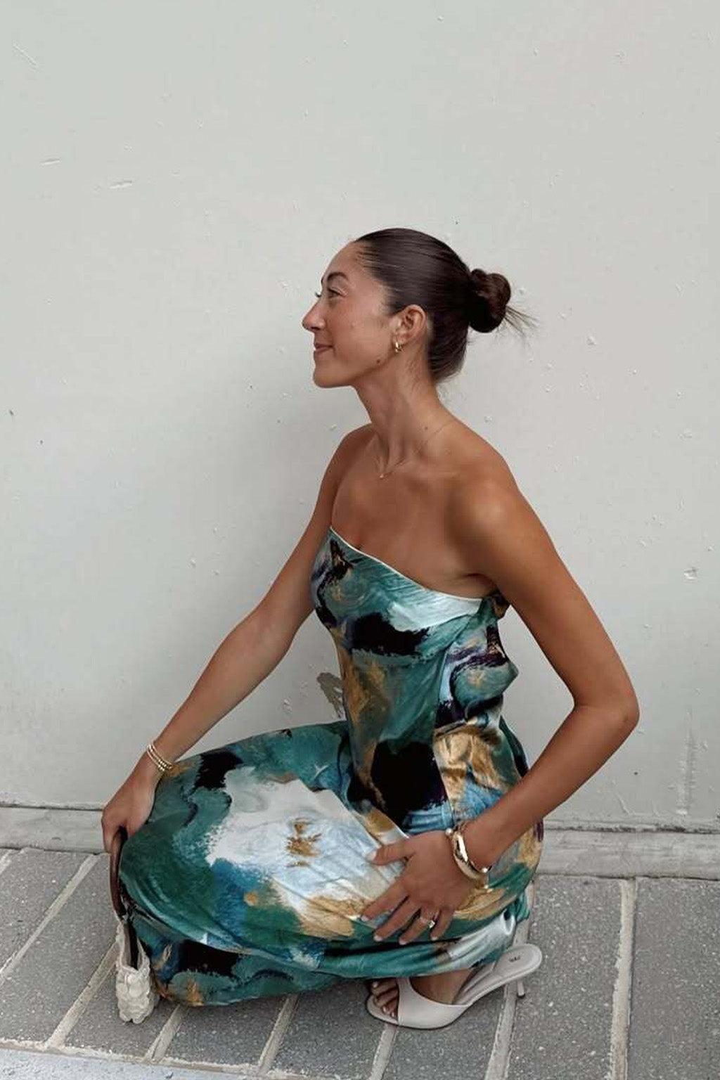 Natalia Blue and Gold Watercolor Strapless Maxi Dress Product Image