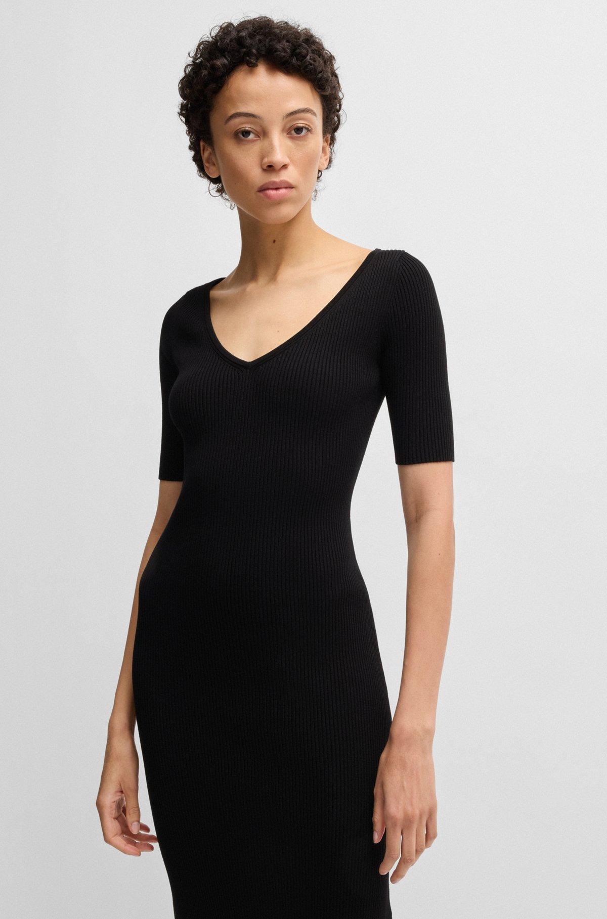 Knitted dress with V neckline in stretch yarns Product Image