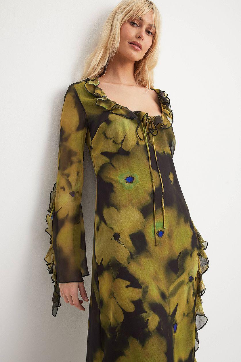 Ruffle Detail High Slit Maxi Dress Product Image