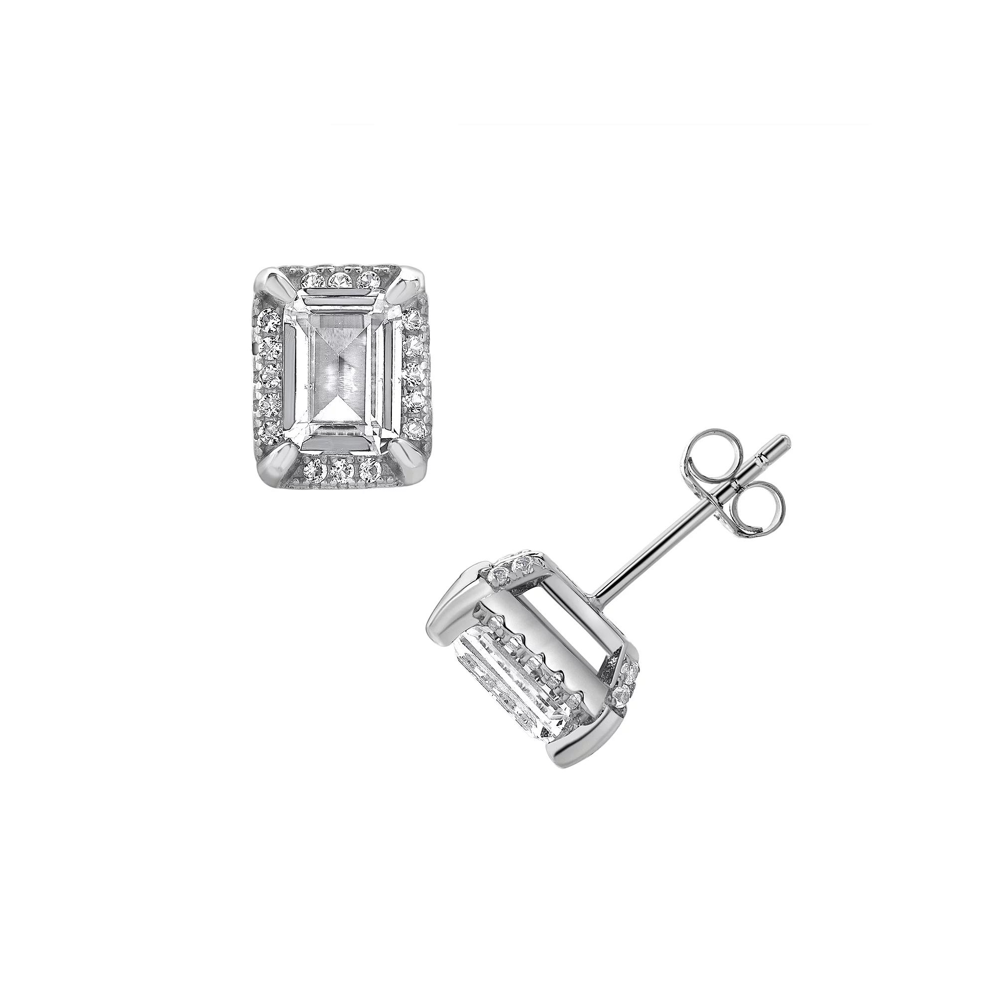 Gemstone Brilliance Lab-Created White Sapphire Rectangle Halo Stud Earrings, Women's, Silver Tone Product Image