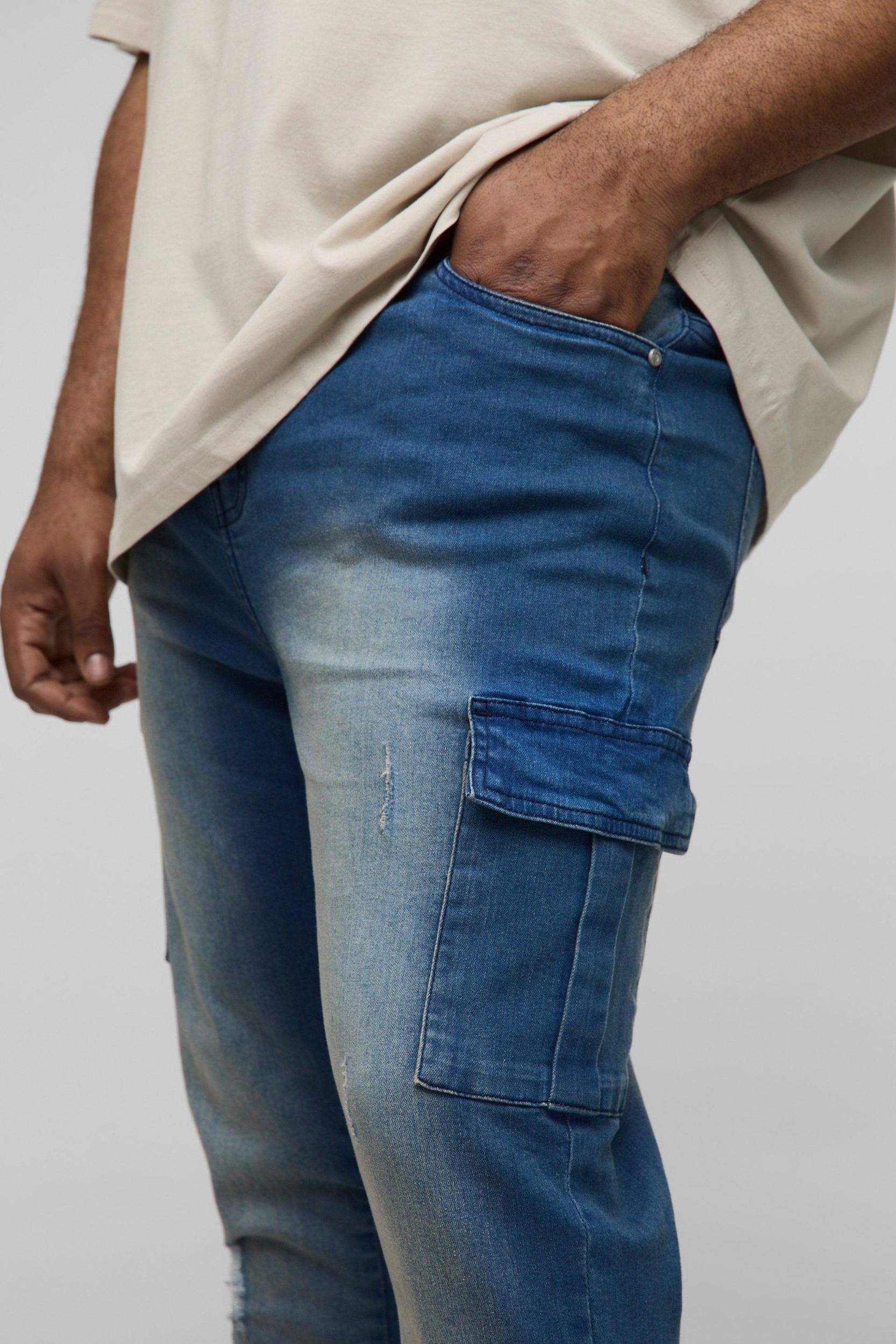 Plus Distressed Super Skinny Cargo Jeans | boohooMAN USA Product Image