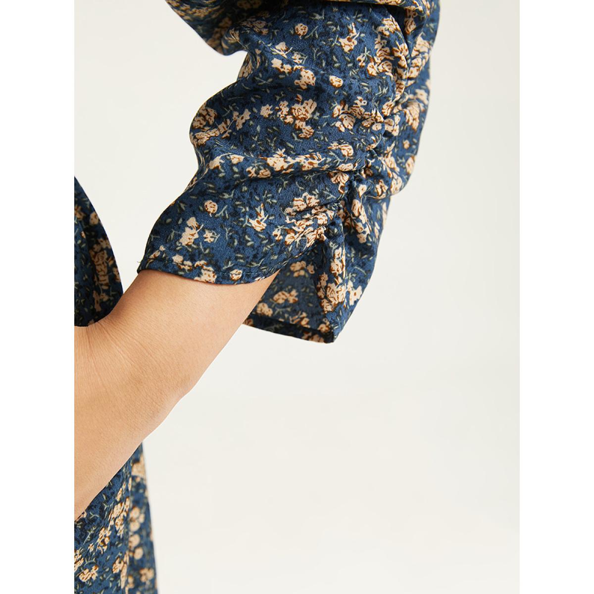 Plus Size Ditsy Floral Ruched Puff Sleeve Dress Aegean Women Elegant Printed V-neck Elbow-length sleeve Curvy Midi Dress BloomChic 28/5X Product Image