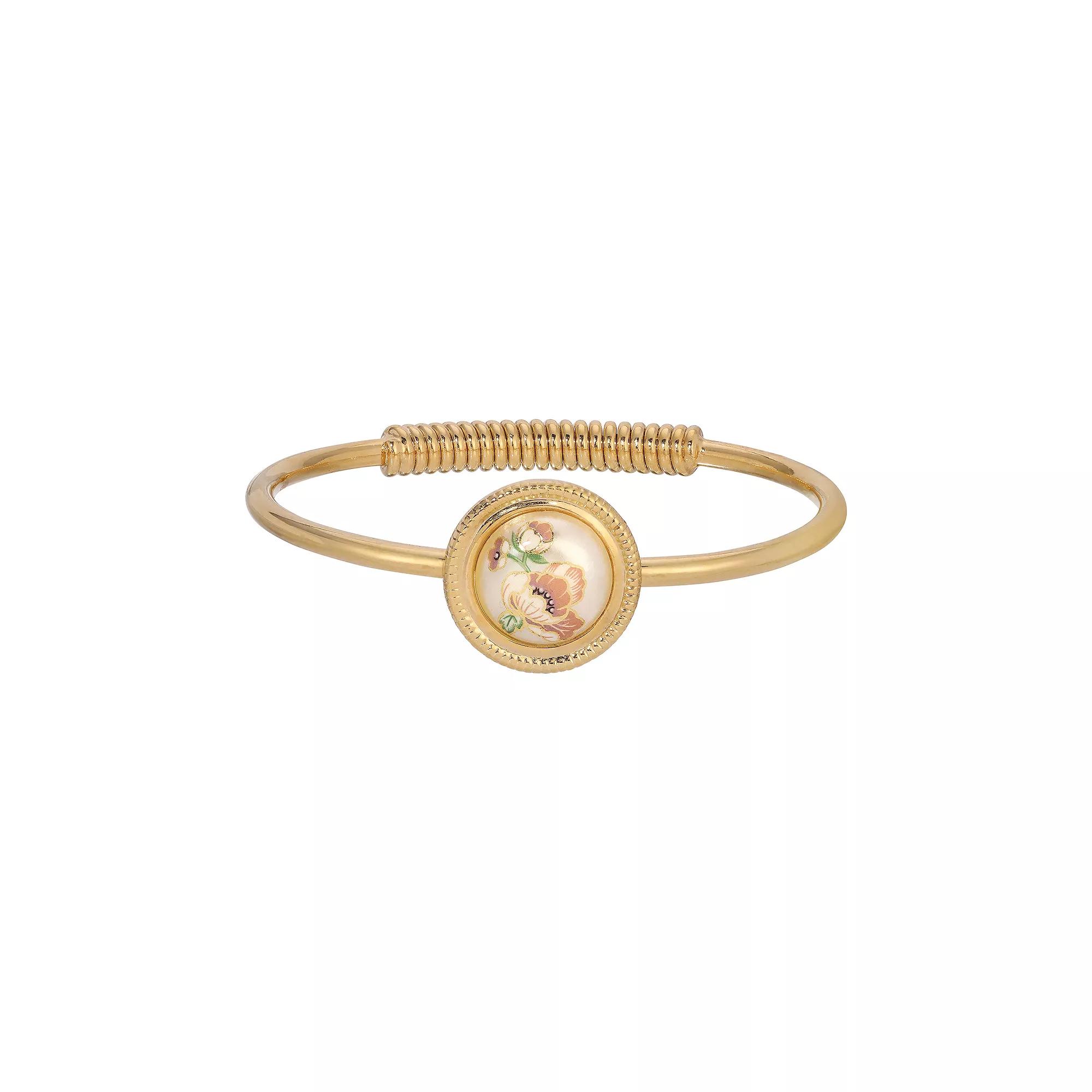 1928 Gold Tone Flower Decal Hinge Bracelet, Womens, White Product Image