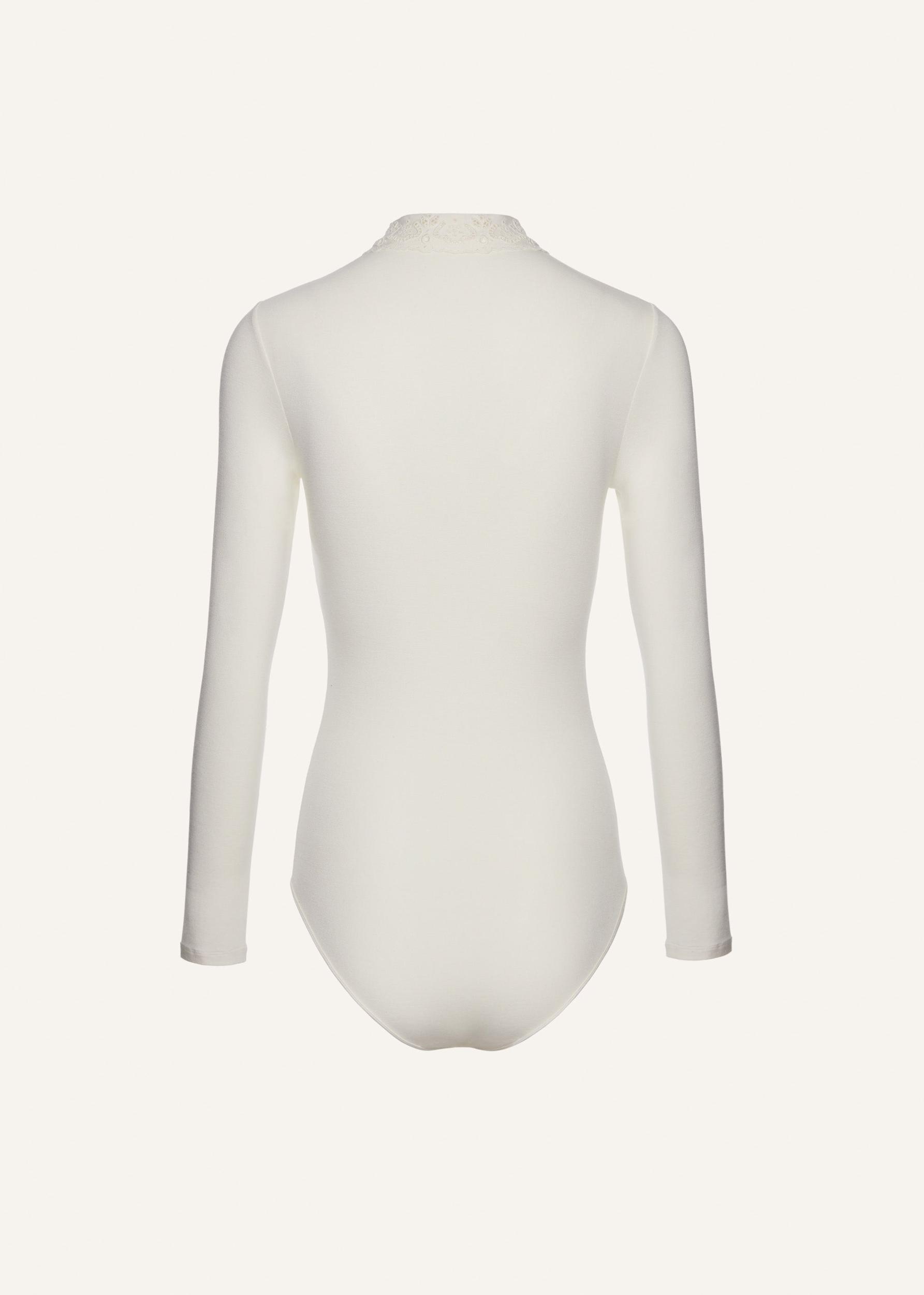 Long-sleeve tricot polo bodysuit in cream Product Image
