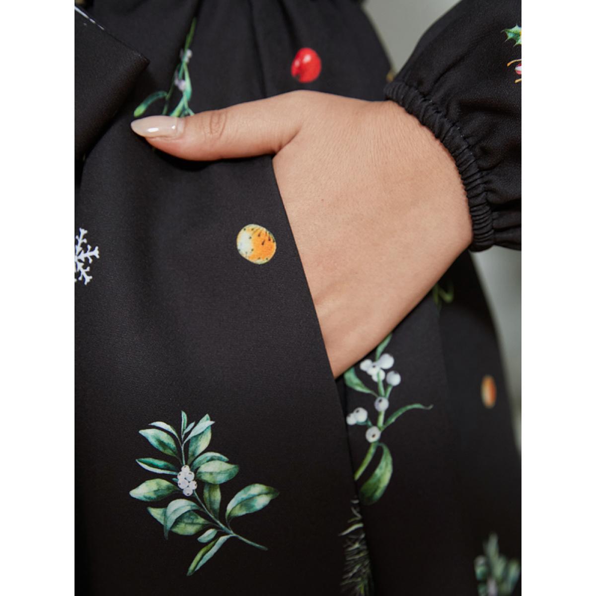 Plus Size Snowflake & Plant Print Wrap Lantern Sleeve Pocket Belted Dress Black Women Elegant Belted V-neck Long Sleeve Curvy Midi Dress BloomChic 14-16/1X Product Image