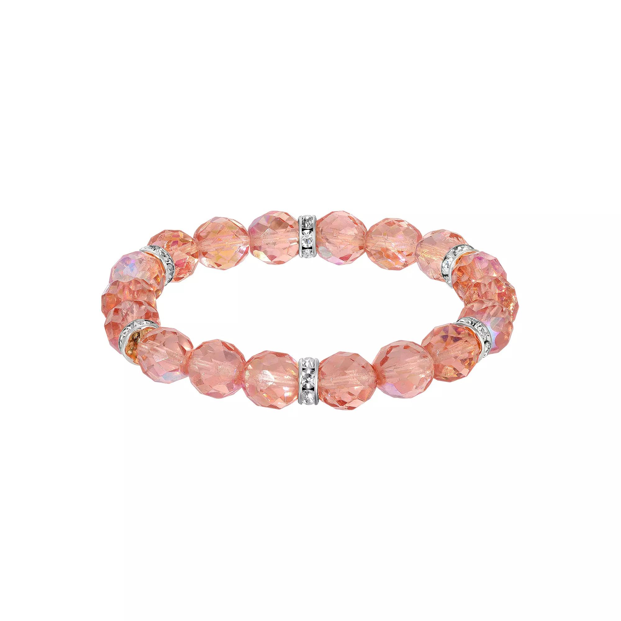 1928 Silver Tone Crystal Bead Stretch Bracelet, Women's, Pink Product Image