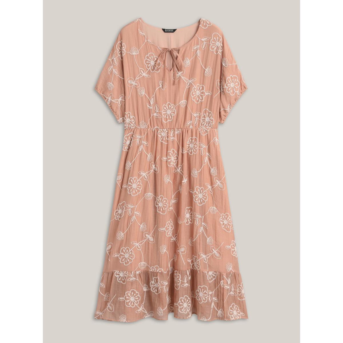 Plus Size Rayon Textured Embroidered Stretchy Midi Dress Watermelon Women V-neck Short sleeve Curvy BloomChic 12/L Product Image