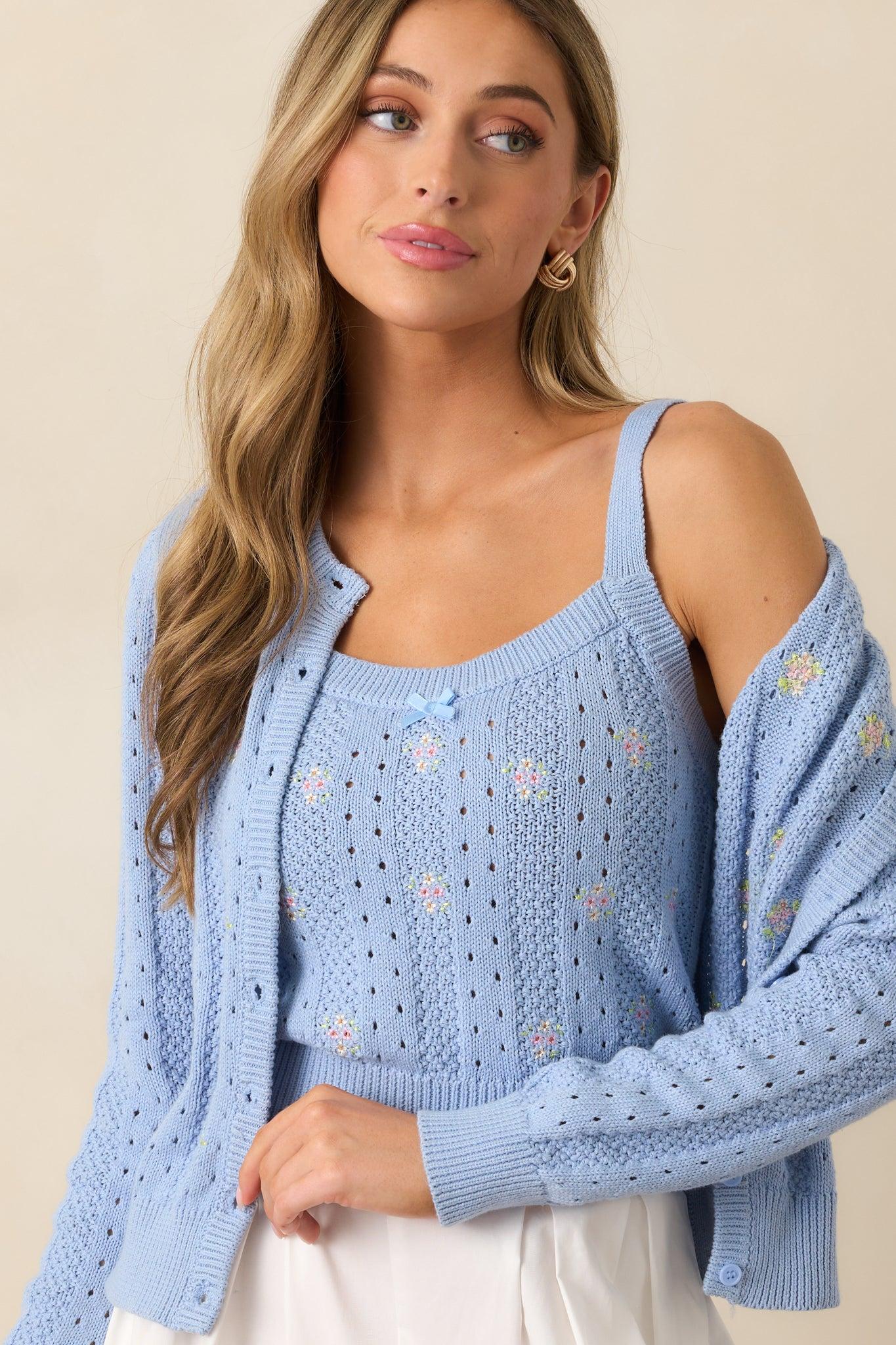 Under the Hibiscus Cotton Sky Blue Knit Floral Embroidered Tank Top Product Image