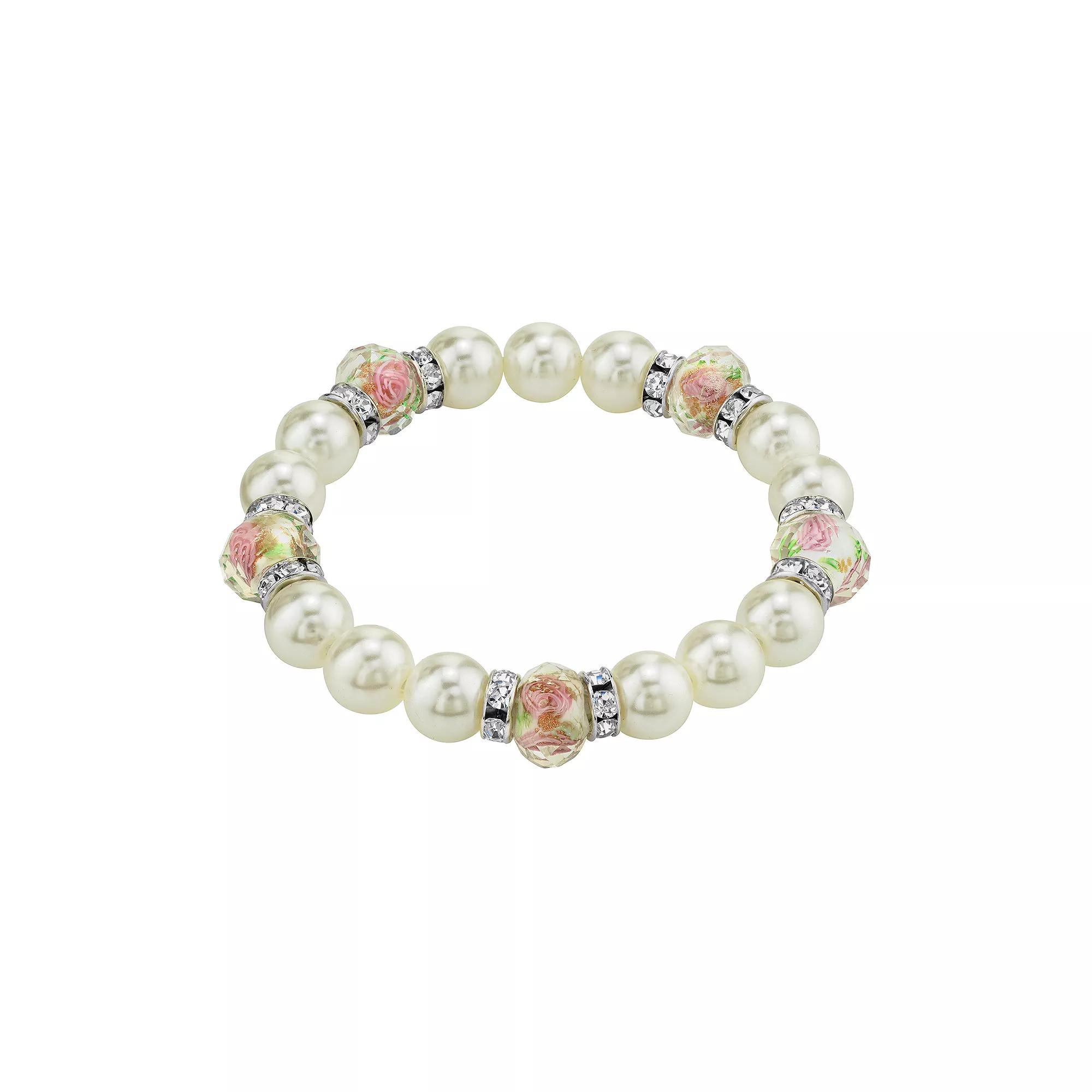 1928 Flower Bead & Simulated Crystal Stretch Bracelet, Women's, White Product Image
