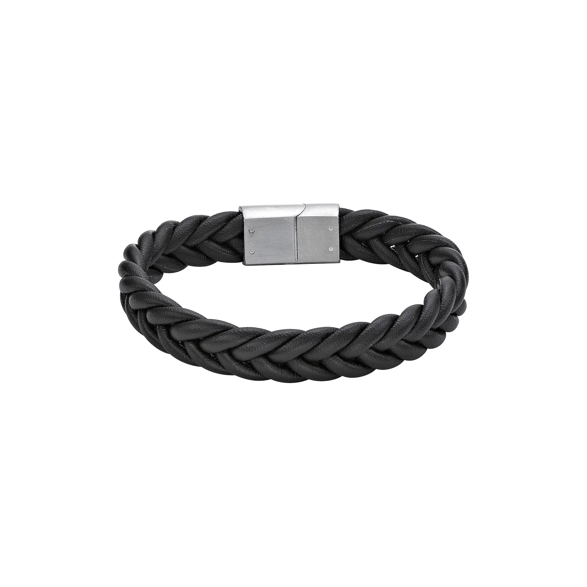 LYNX Men's Stainless Steel & Braided Leather Bracelet, Size: 8.25, Brown Product Image