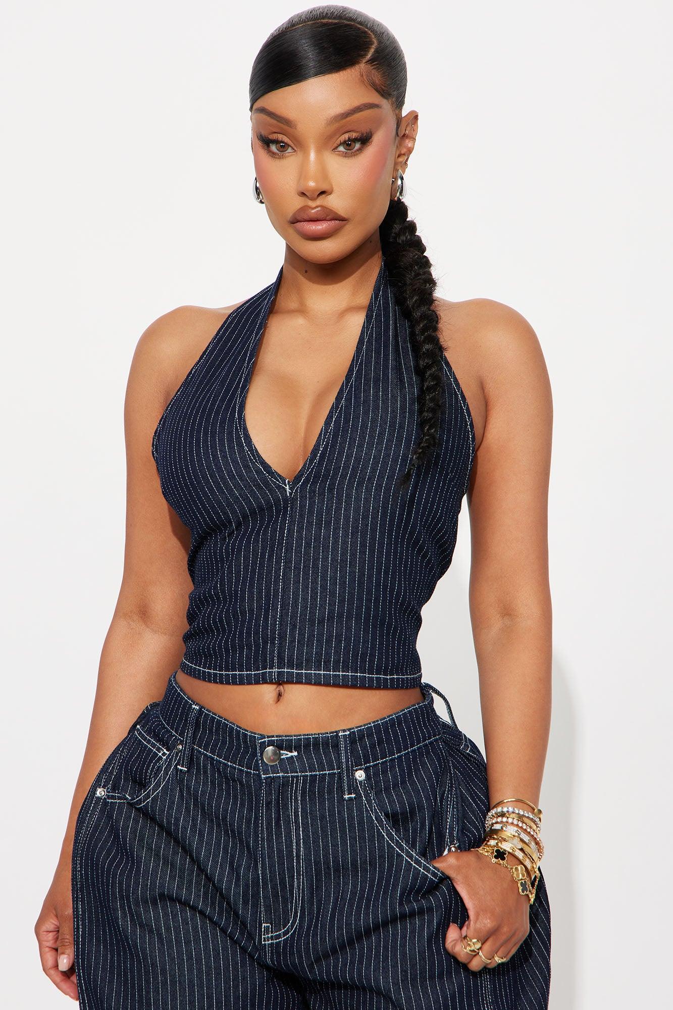 Fine Lines Pinstripe Pant Set - Dark Wash Female Product Image