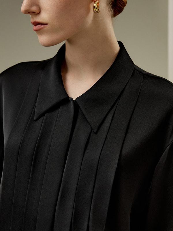 Pleated Shirt-Collar Silk Blouse Product Image