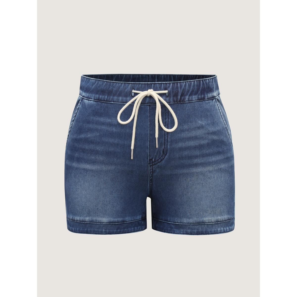 Plus Size Pull-On Drawstring Waist Denim Shorts Women Denimindigo Slanted pocket Leisure Denim Shorts BloomChic 24/3X Product Image