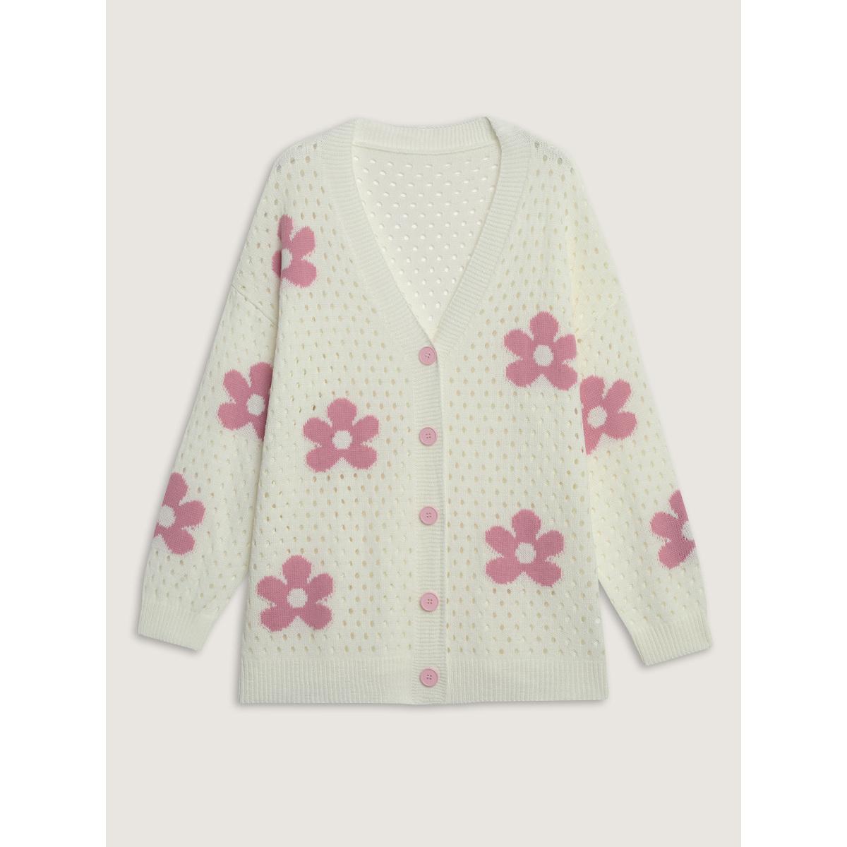 Plus Size Floral Cut-Out Textured Knit Cardigan Apricot Women Playful Loose Long Sleeve Casual Cardigans BloomChic 12/L Product Image