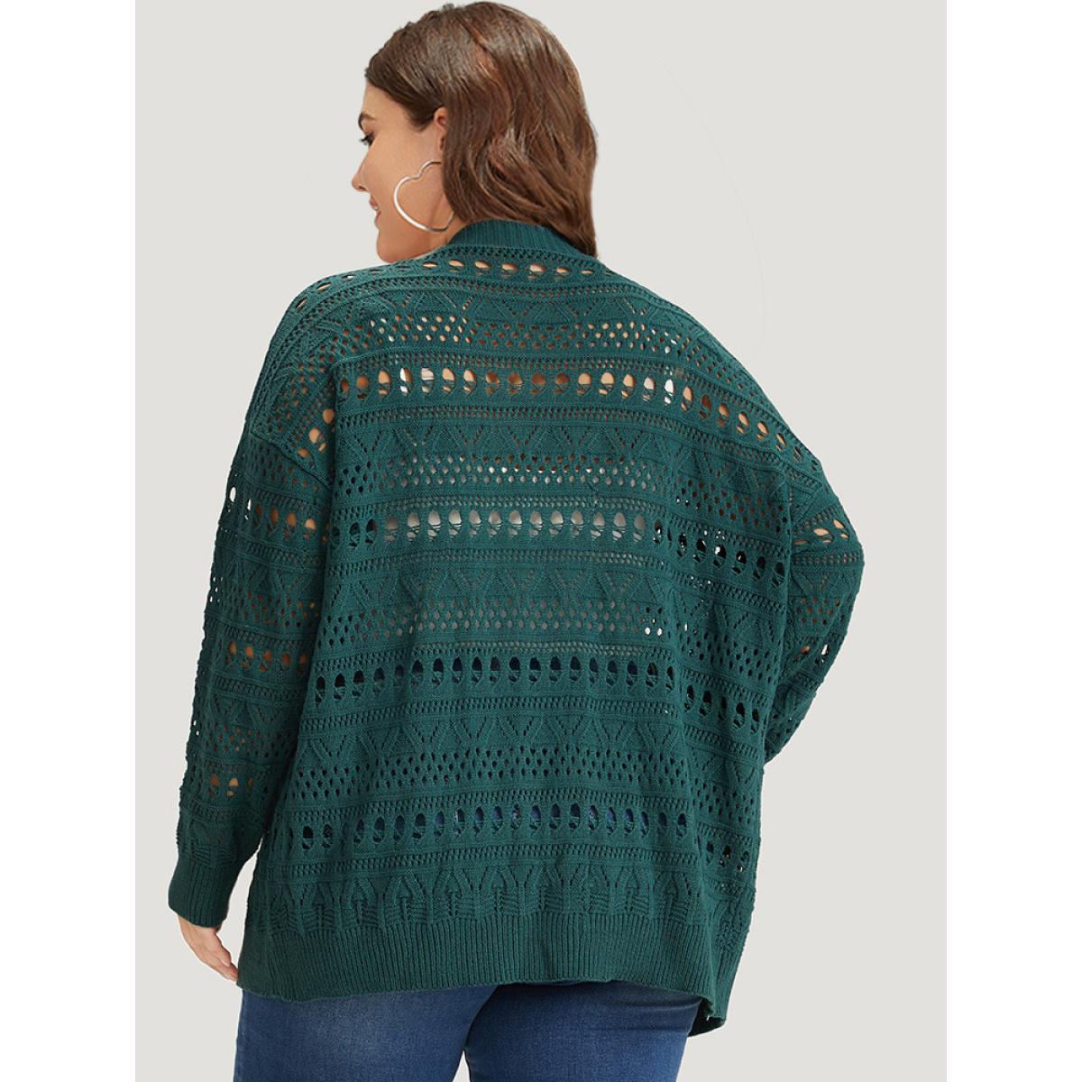 Plus Size Geometric Eyelet Open Front Loose Cardigan Cyan Women Casual Loose Long Sleeve Office Cardigans BloomChic 14-16/1X Product Image