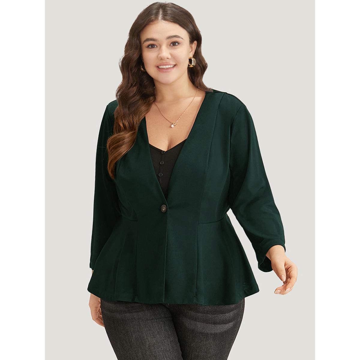 Plus Size Plain Button Up Ruffle Hem Blazer Green Women Dailywear Plain Plain Sleeve Long Sleeve V-neck 26/4X Casual Blazers BloomChic Product Image