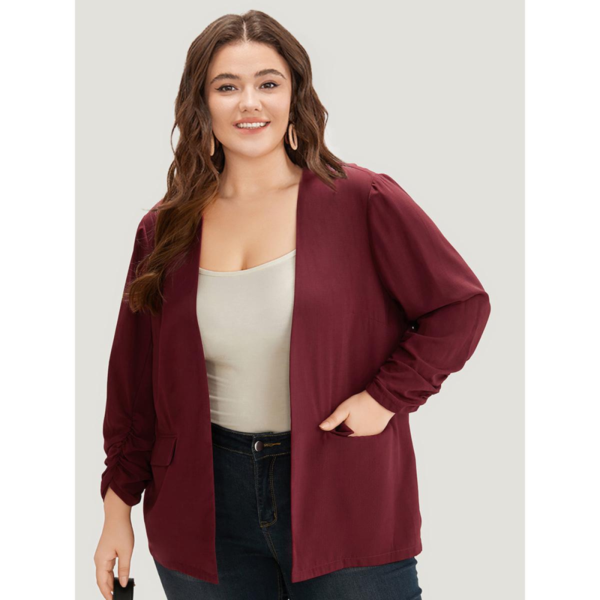 Plus Size Plain Pocket Open Front Gathered Blazer Scarlet Women Office Plain Elastic cuffs Sleeve Long Sleeve Open Front 28/5X Pocket Office Blazers BloomChic Product Image